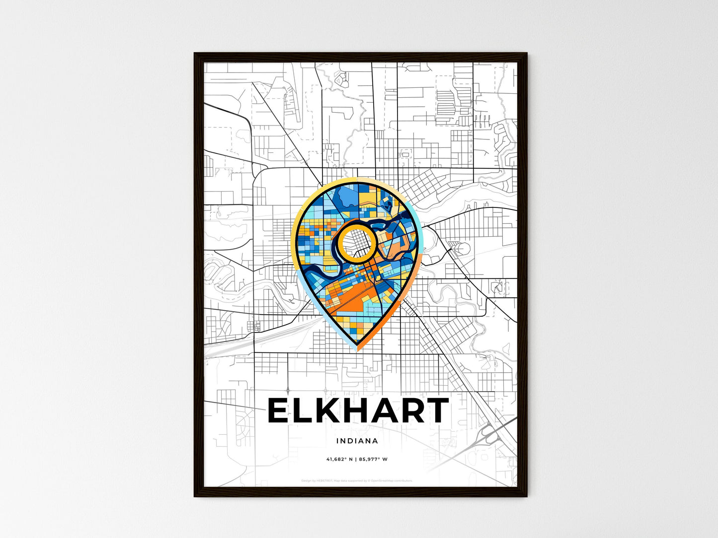 ELKHART INDIANA minimal art map with a colorful icon. Where it all began, Couple map gift. Style 1