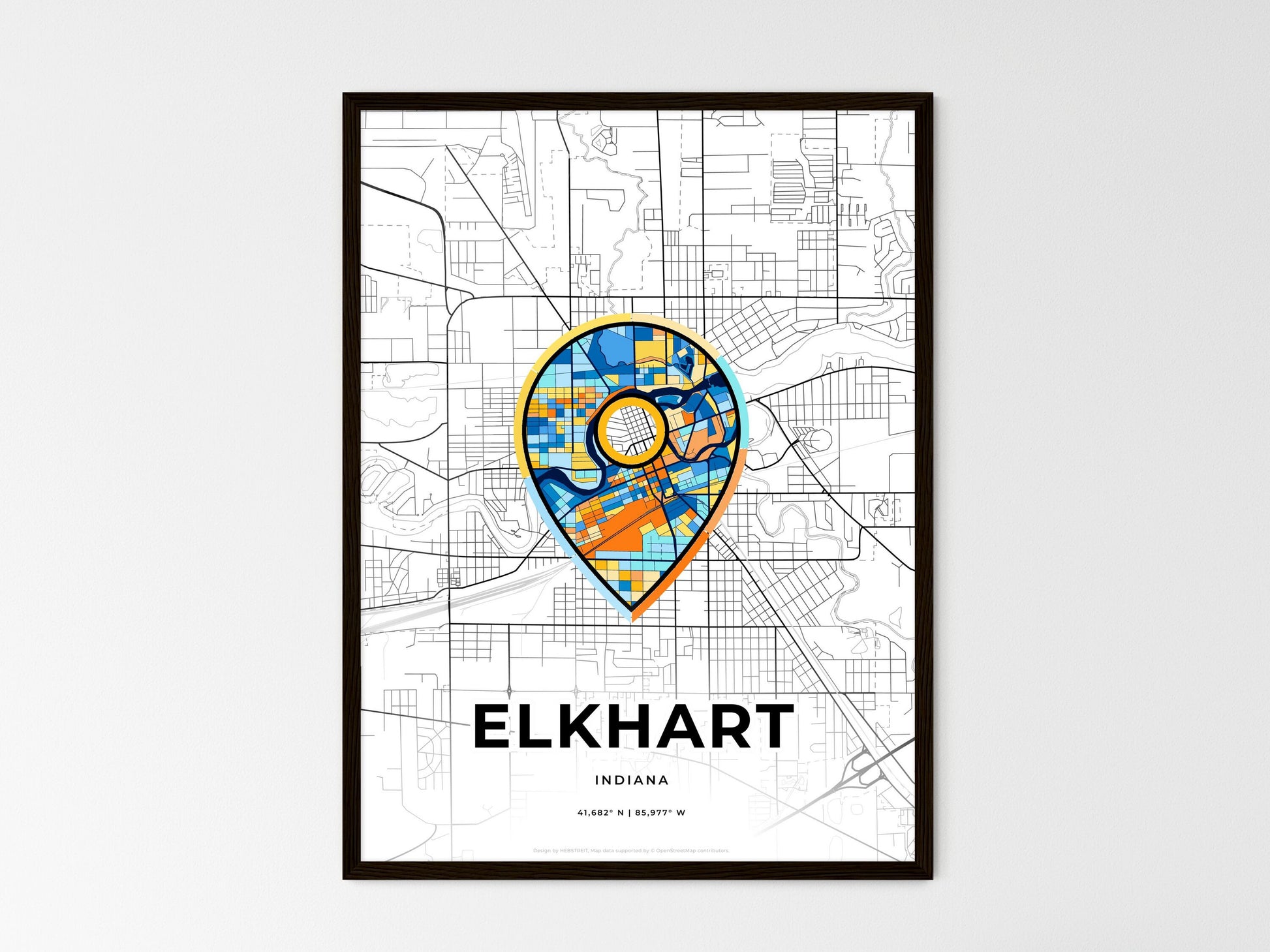 ELKHART INDIANA minimal art map with a colorful icon. Where it all began, Couple map gift. Style 1