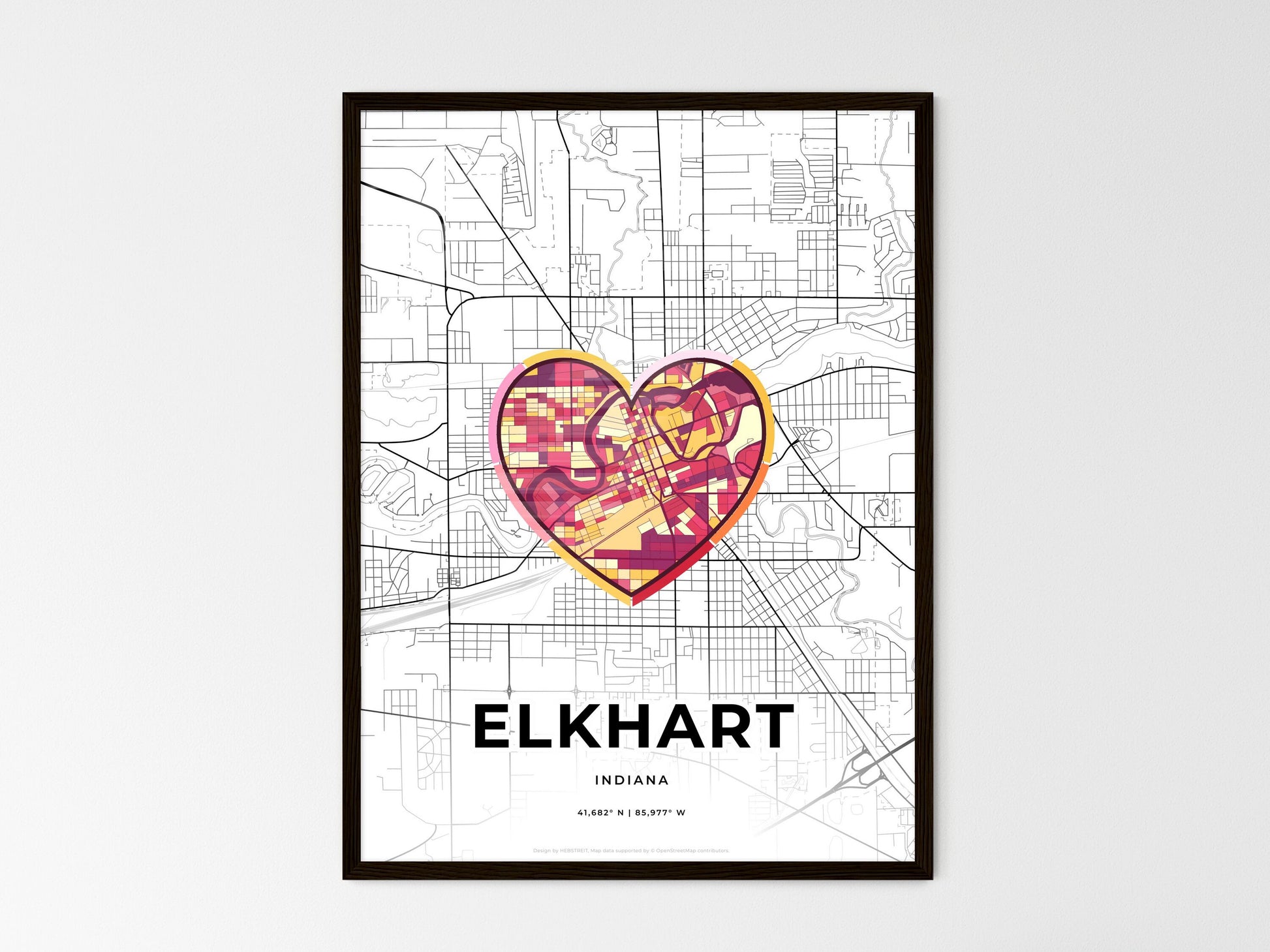 ELKHART INDIANA minimal art map with a colorful icon. Where it all began, Couple map gift. Style 2