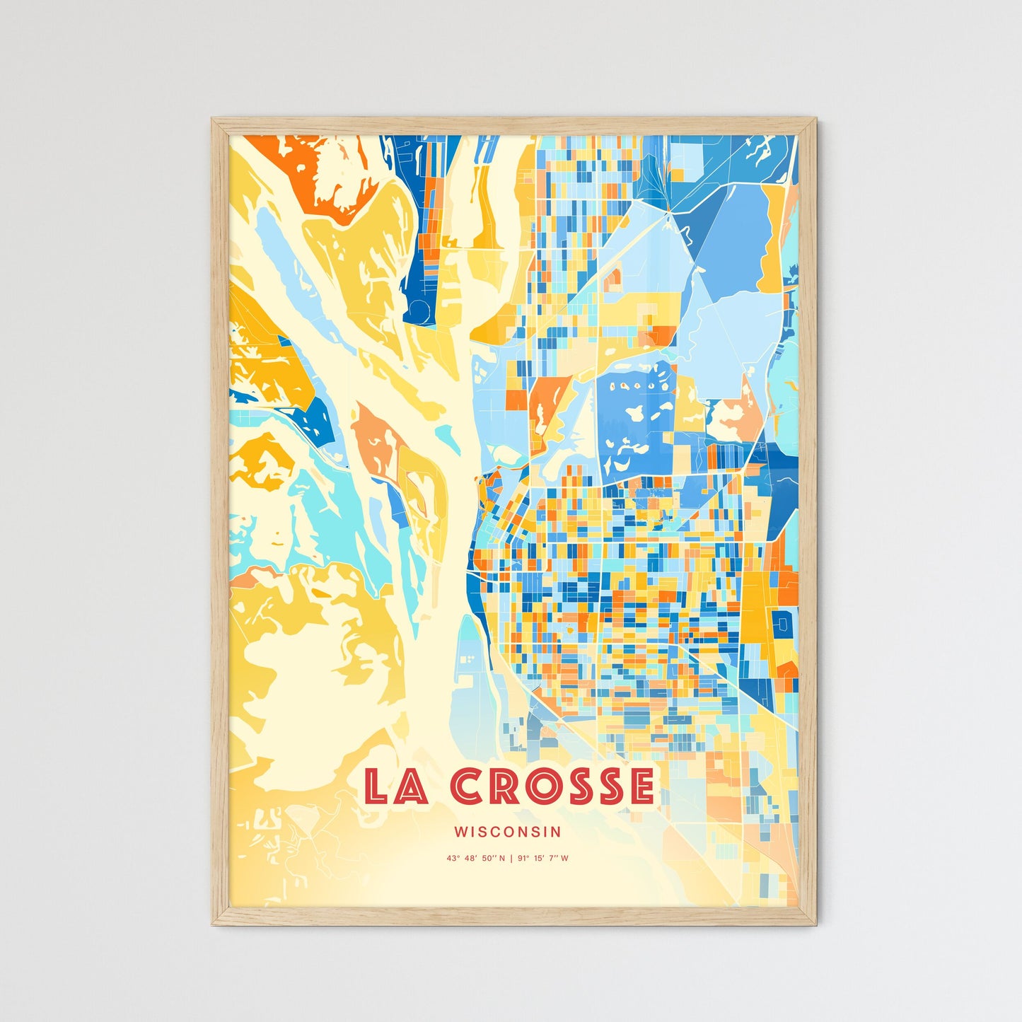 Colorful LA CROSSE WISCONSIN Fine Art Map Blue Orange