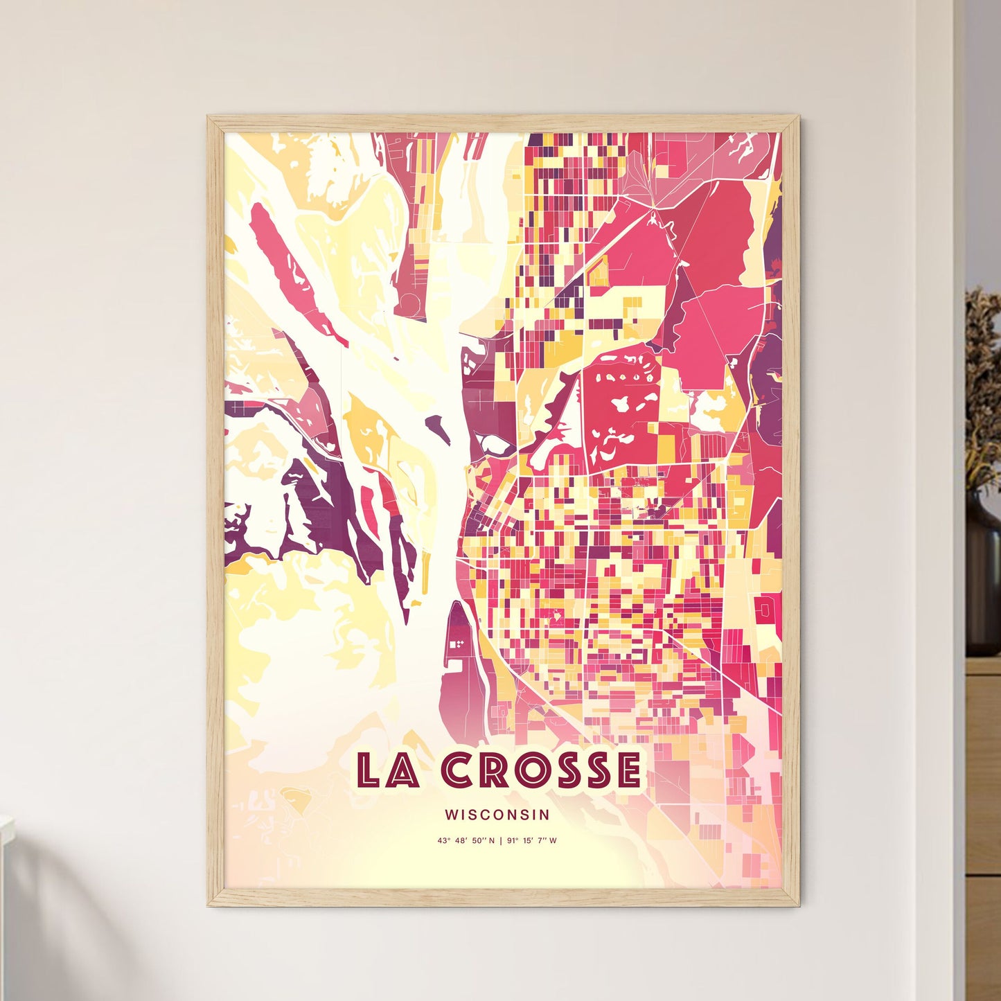 Colorful LA CROSSE WISCONSIN Fine Art Map Hot Red