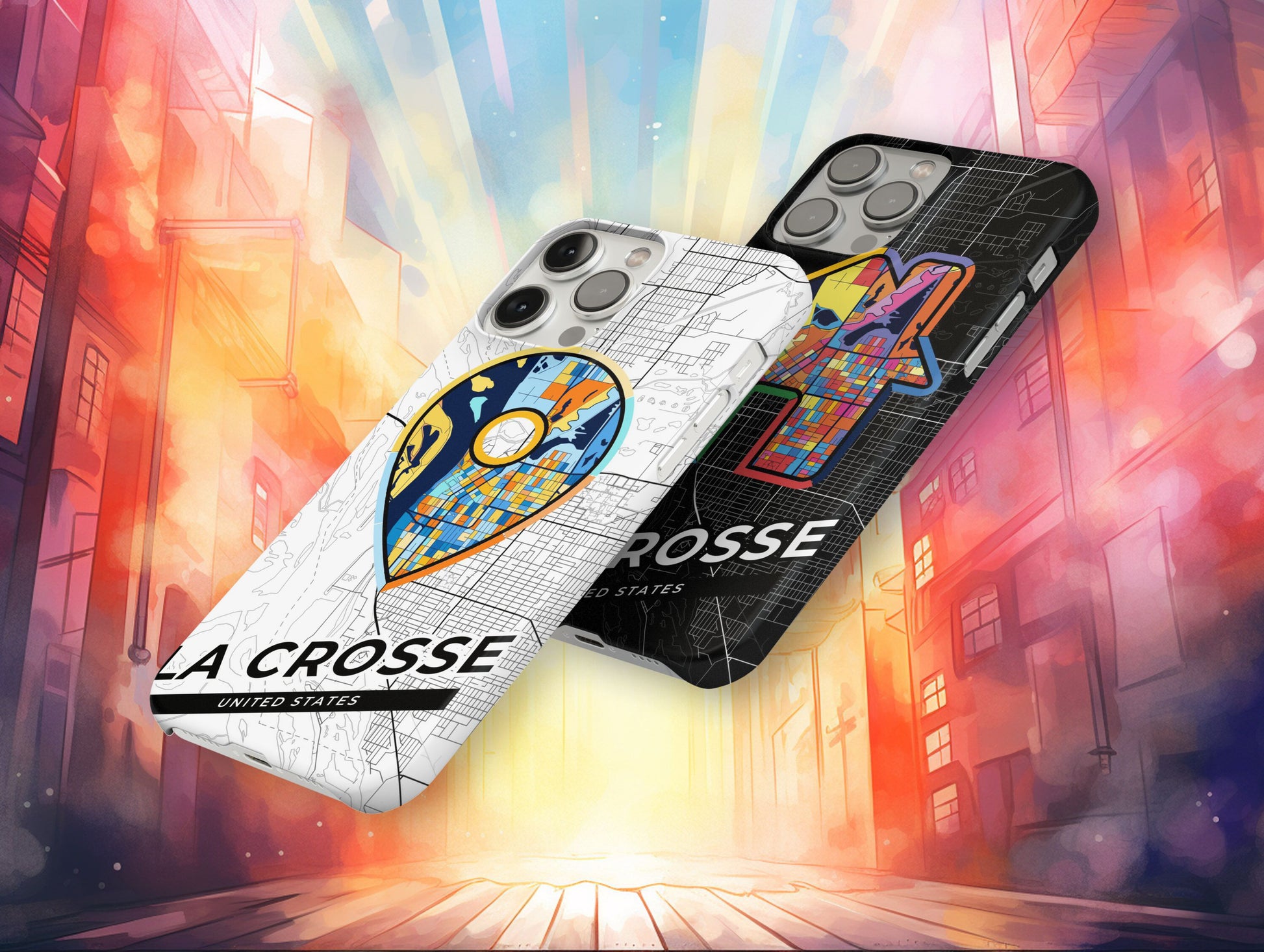 La Crosse Wisconsin slim phone case with colorful icon. Birthday, wedding or housewarming gift. Couple match cases.