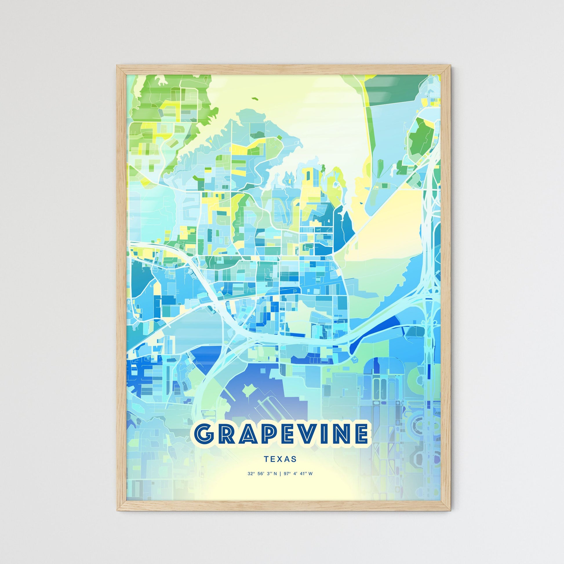 Colorful GRAPEVINE TEXAS Fine Art Map Cool Blue