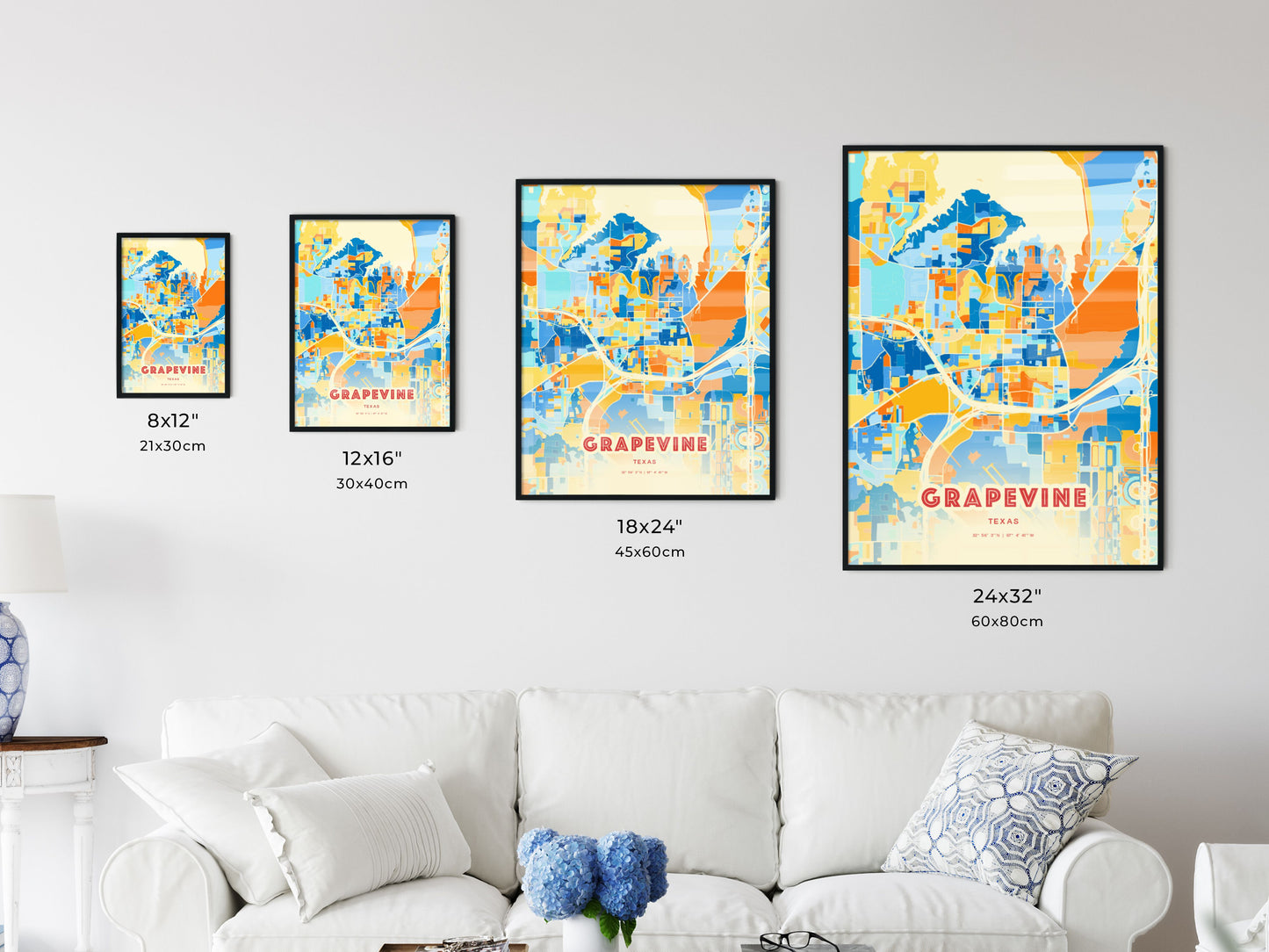 Colorful GRAPEVINE TEXAS Fine Art Map Blue Orange