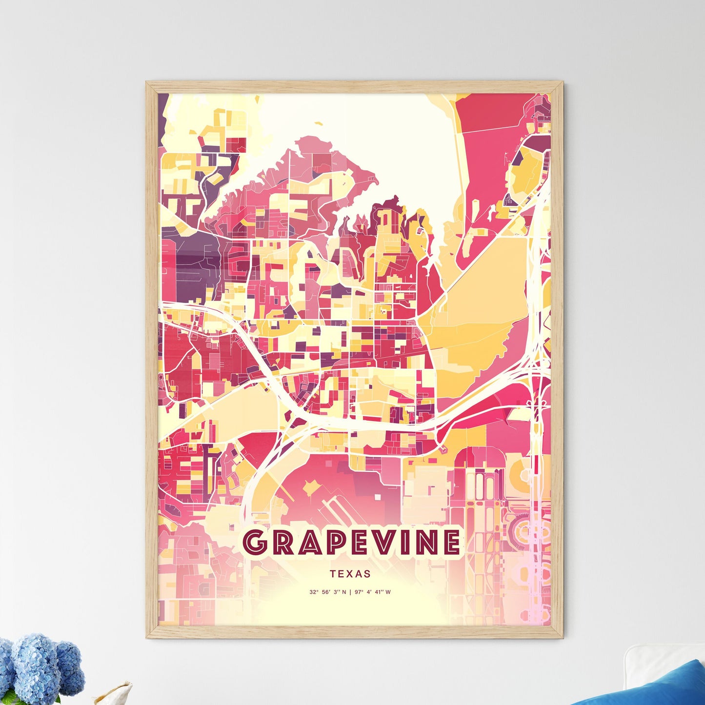 Colorful GRAPEVINE TEXAS Fine Art Map Hot Red