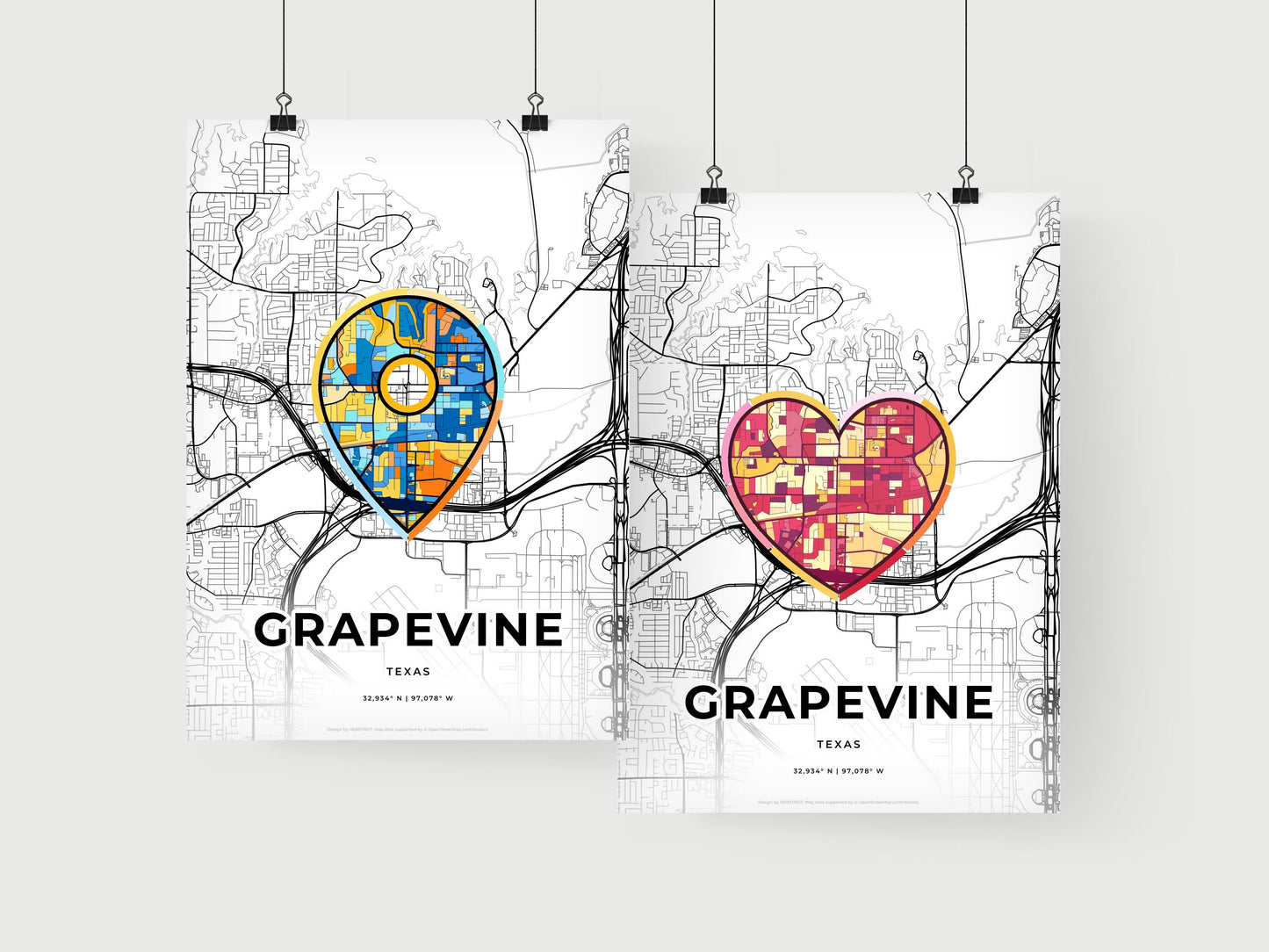GRAPEVINE TEXAS minimal art map with a colorful icon. Where it all began, Couple map gift.