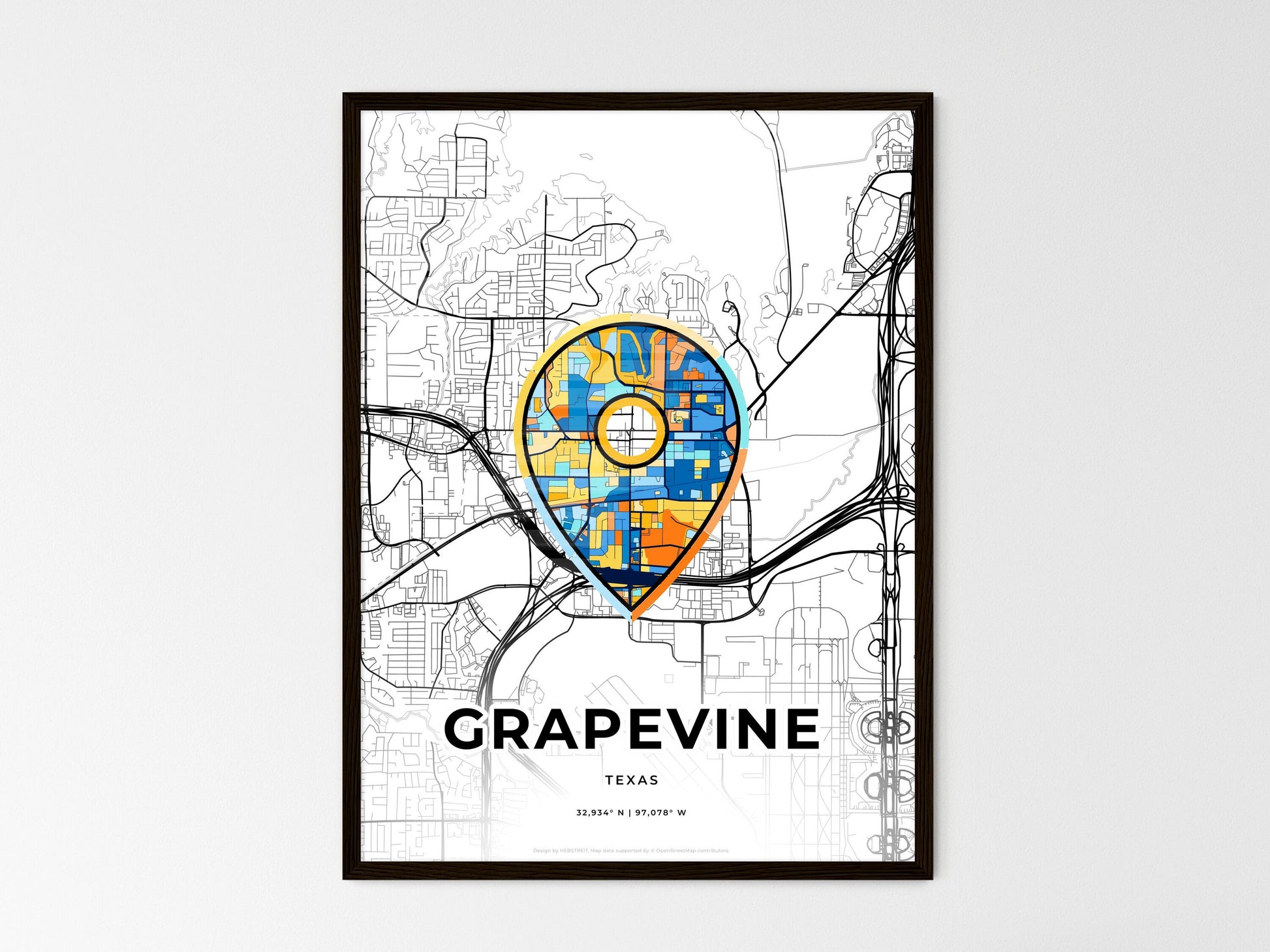 GRAPEVINE TEXAS minimal art map with a colorful icon. Where it all began, Couple map gift. Style 1