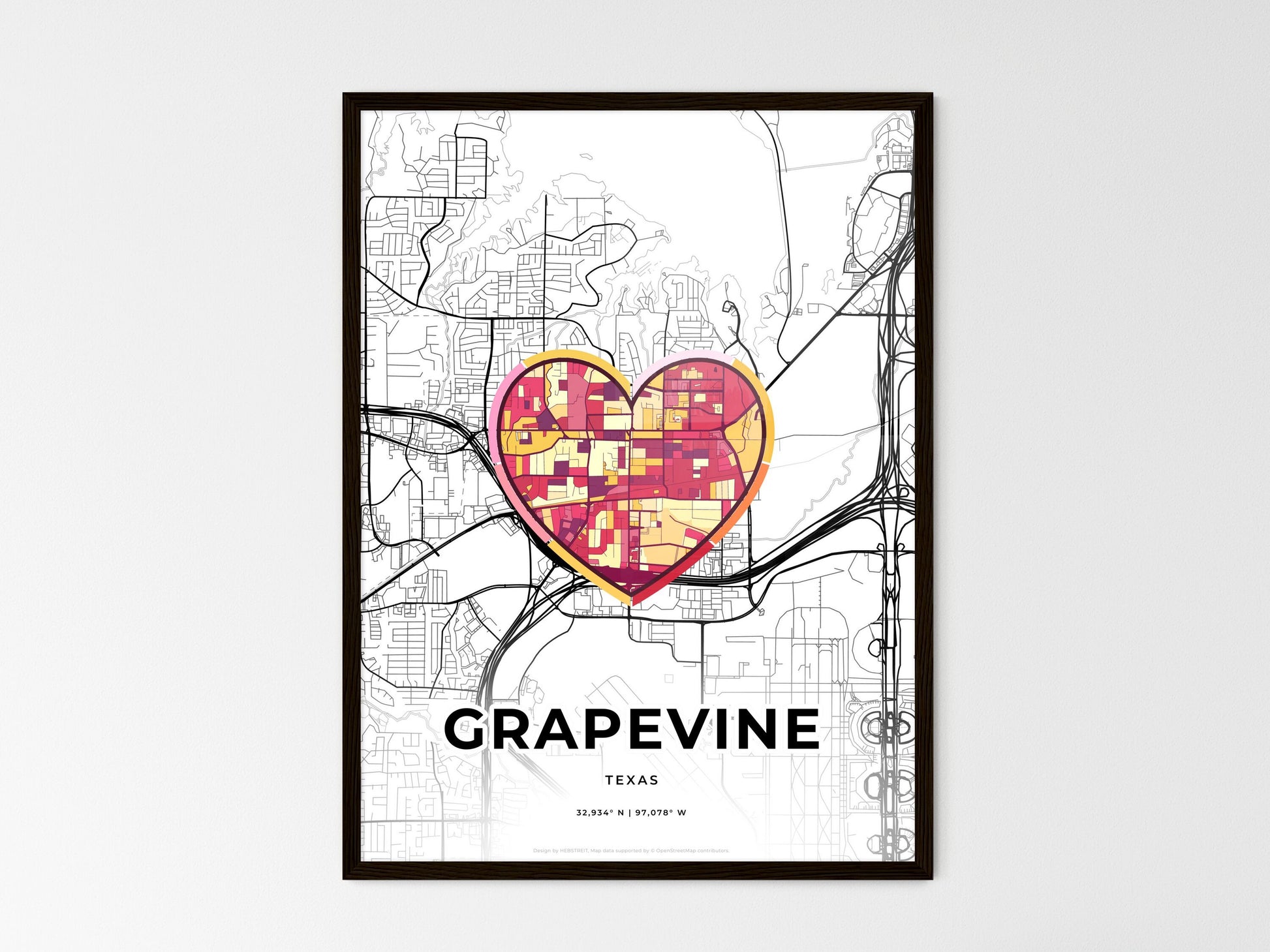 GRAPEVINE TEXAS minimal art map with a colorful icon. Where it all began, Couple map gift. Style 2