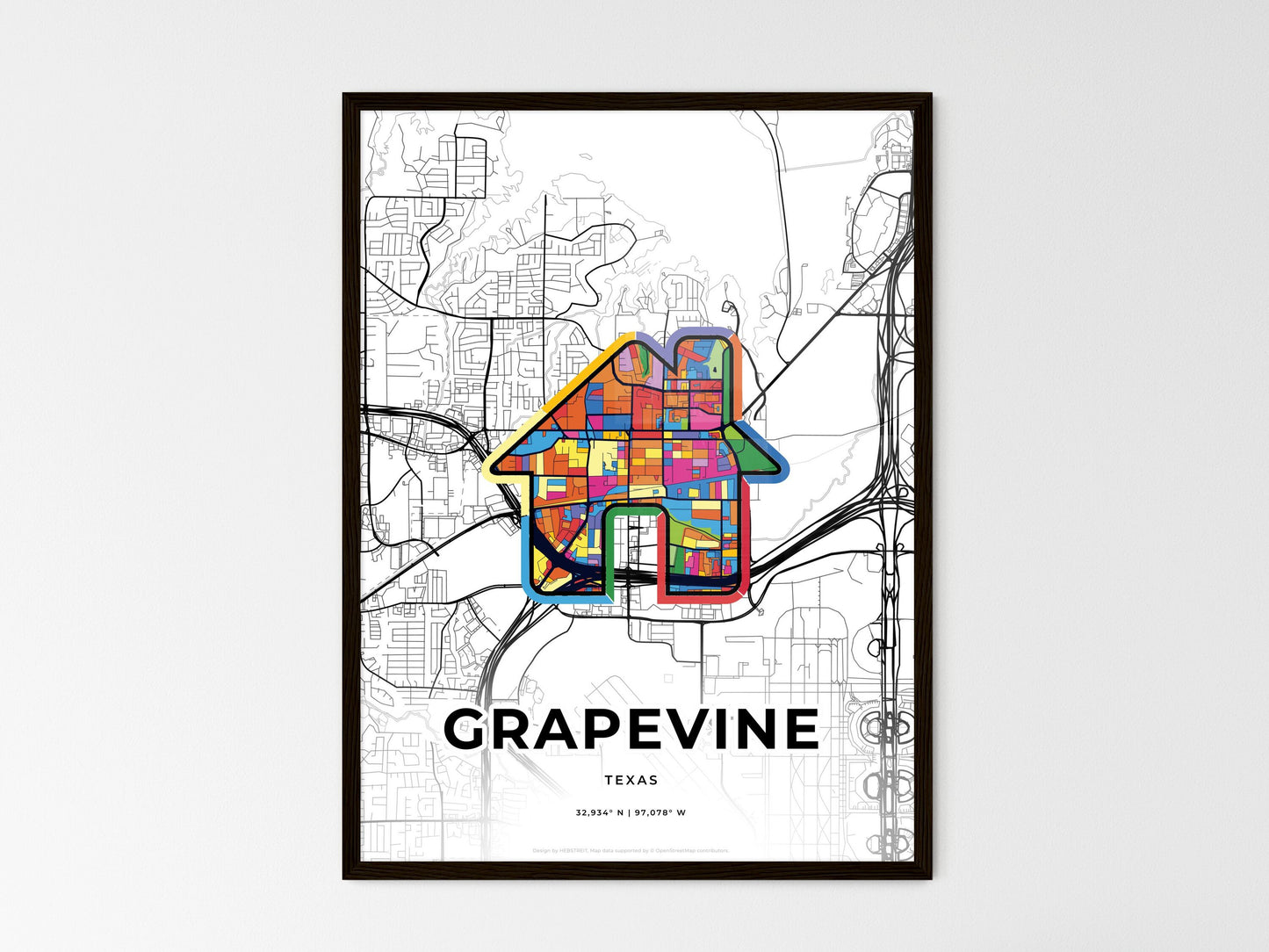 GRAPEVINE TEXAS minimal art map with a colorful icon. Where it all began, Couple map gift. Style 3