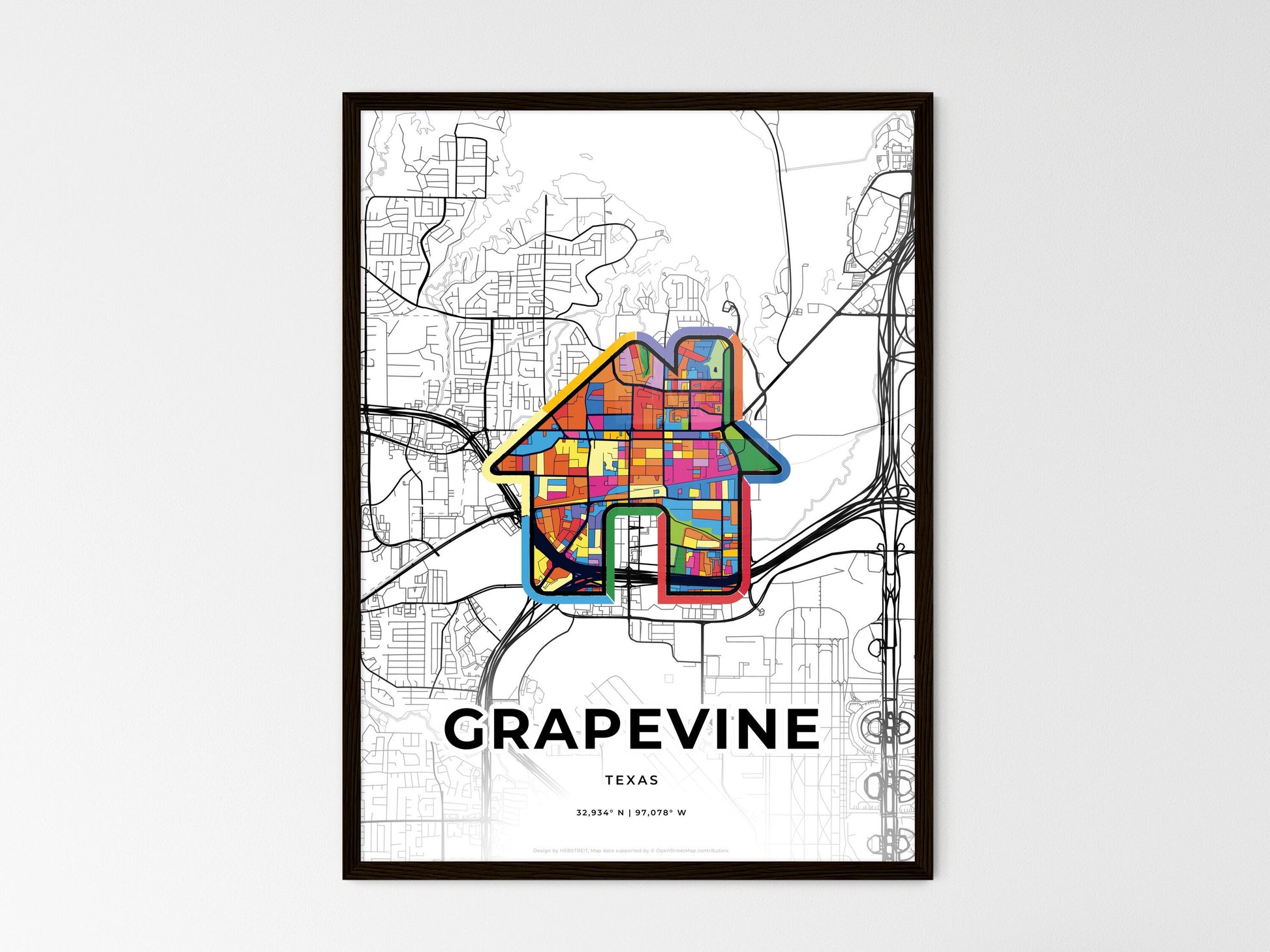 GRAPEVINE TEXAS minimal art map with a colorful icon. Where it all began, Couple map gift. Style 3