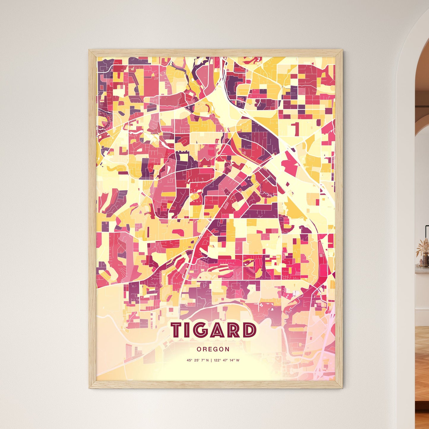 Colorful TIGARD OREGON Fine Art Map Hot Red