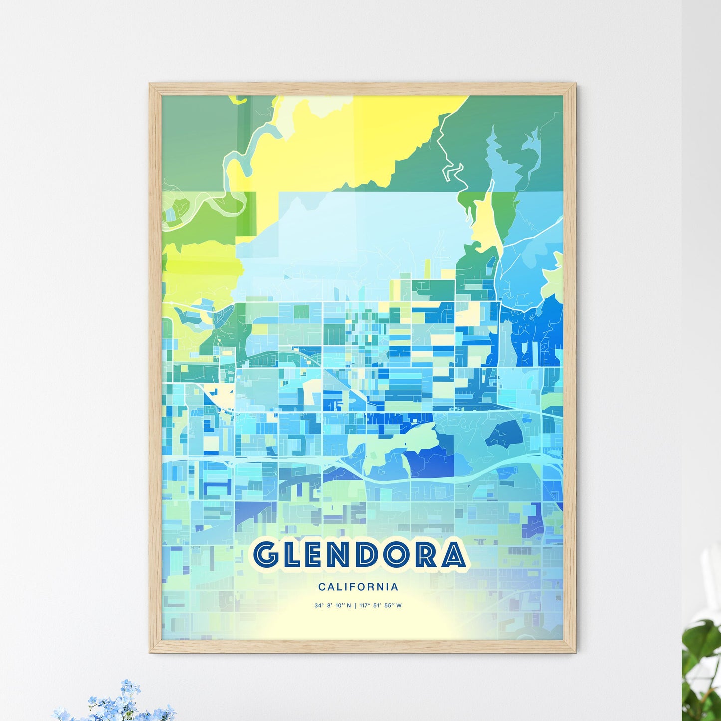 Colorful GLENDORA CALIFORNIA Fine Art Map Cool Blue