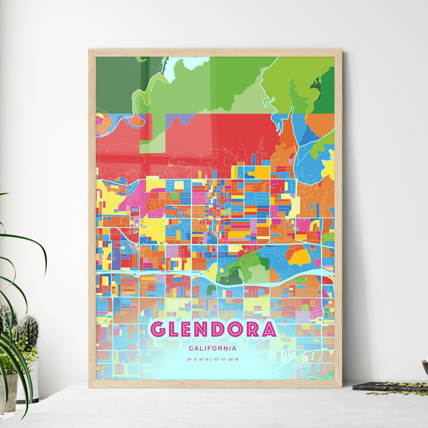 Colorful GLENDORA CALIFORNIA Fine Art Map Crazy Colors