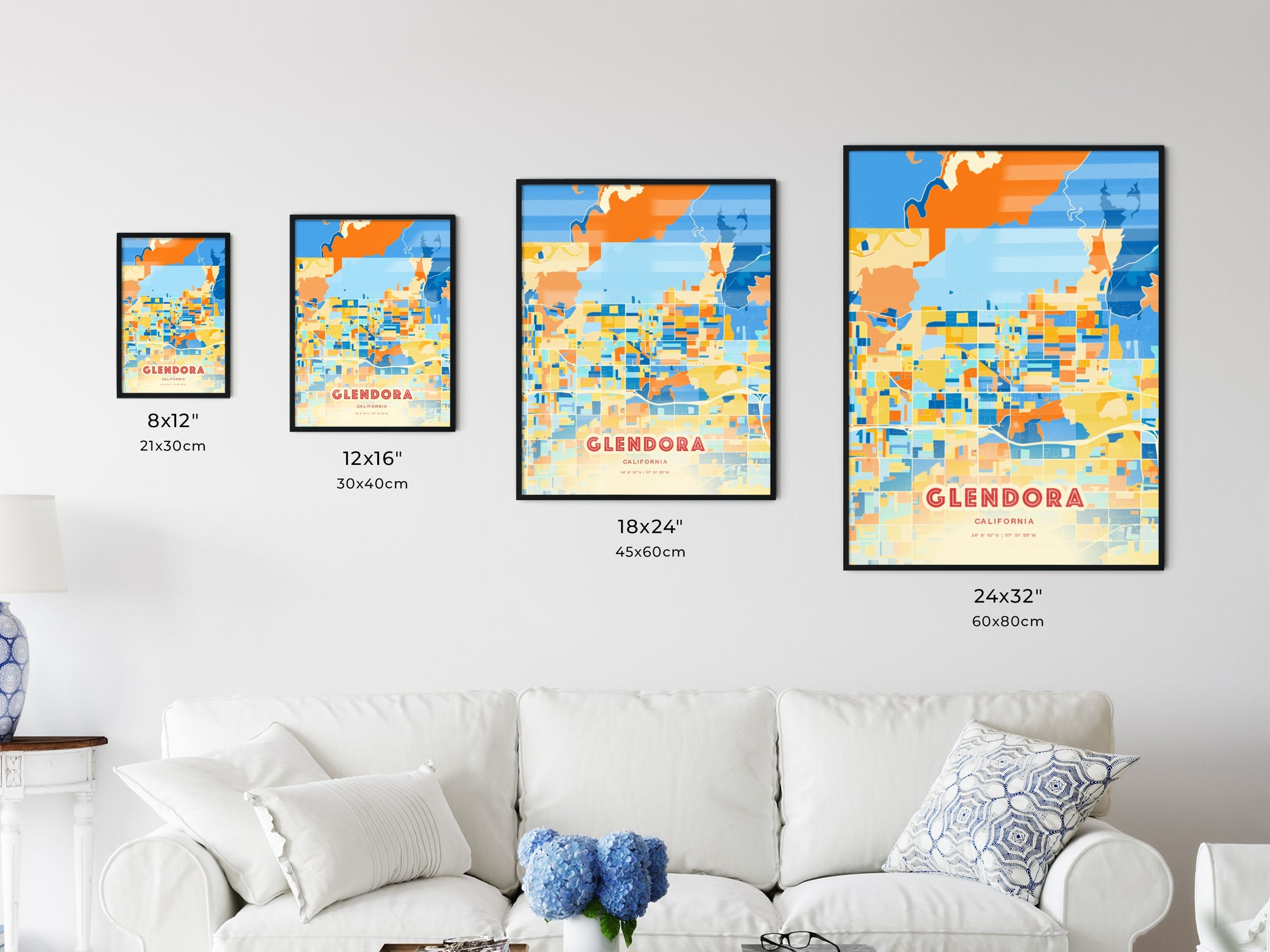 Colorful GLENDORA CALIFORNIA Fine Art Map Blue Orange