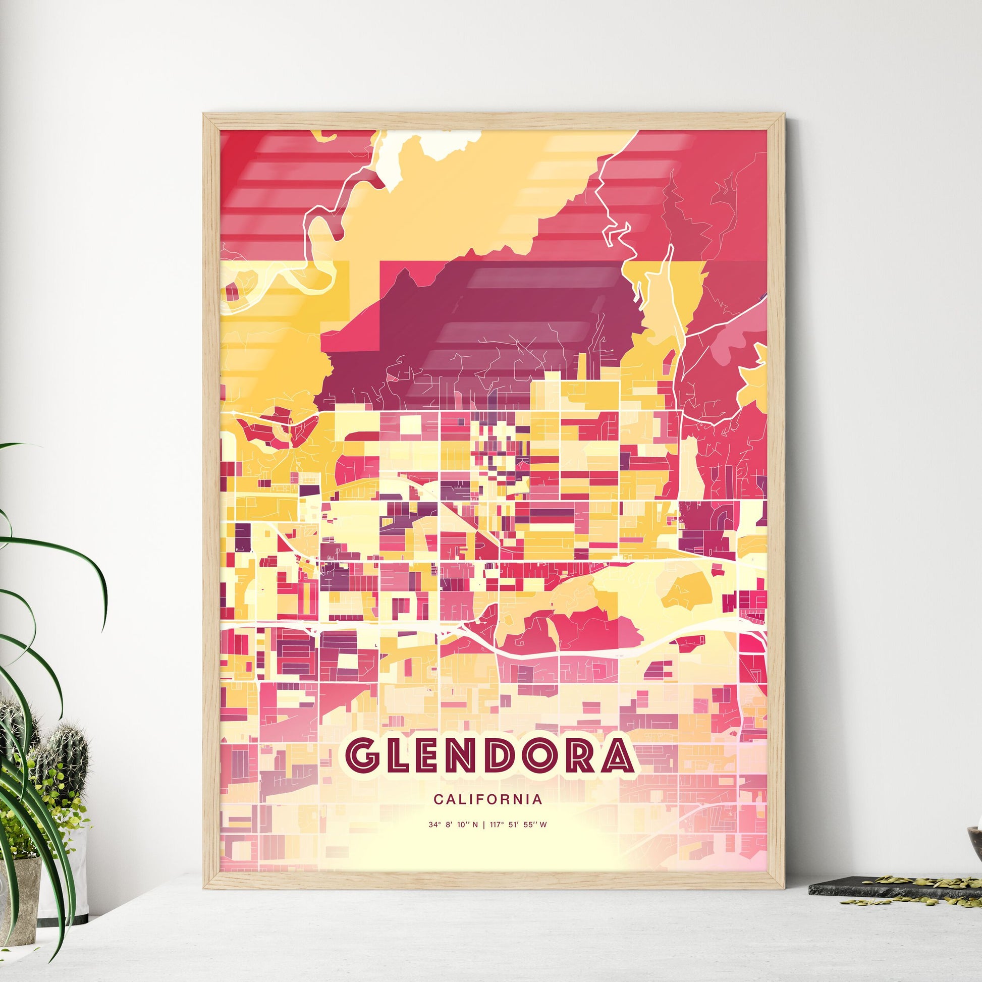 Colorful GLENDORA CALIFORNIA Fine Art Map Hot Red