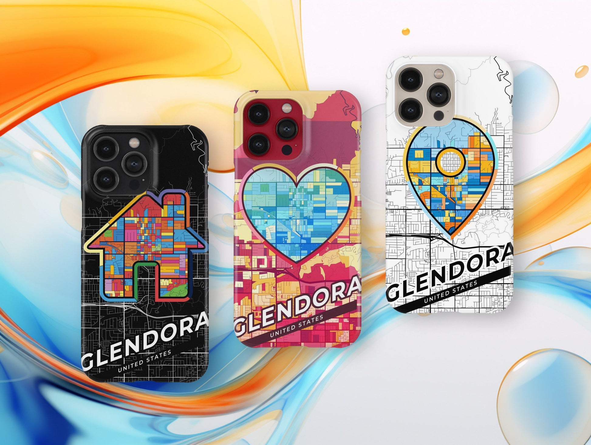 Glendora California slim phone case with colorful icon. Birthday, wedding or housewarming gift. Couple match cases.
