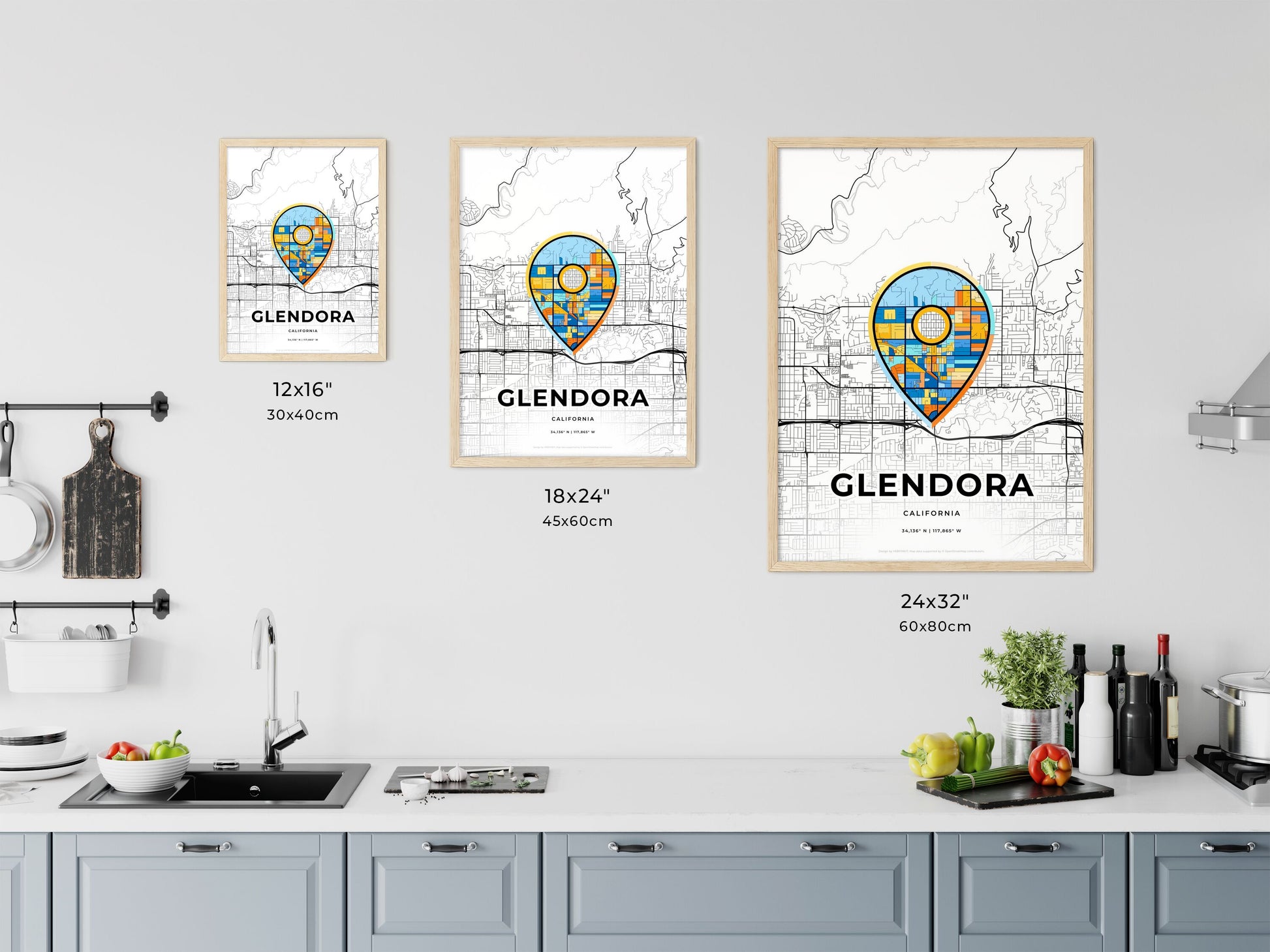 GLENDORA CALIFORNIA minimal art map with a colorful icon. Where it all began, Couple map gift.