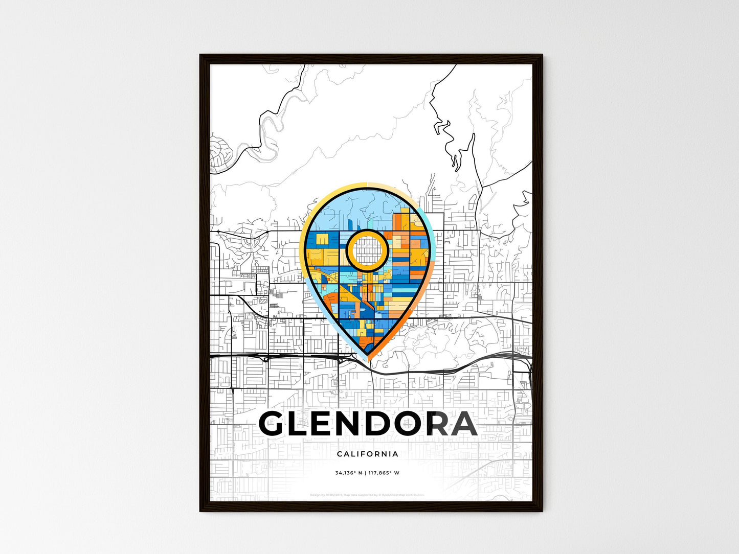 GLENDORA CALIFORNIA minimal art map with a colorful icon. Where it all began, Couple map gift. Style 1