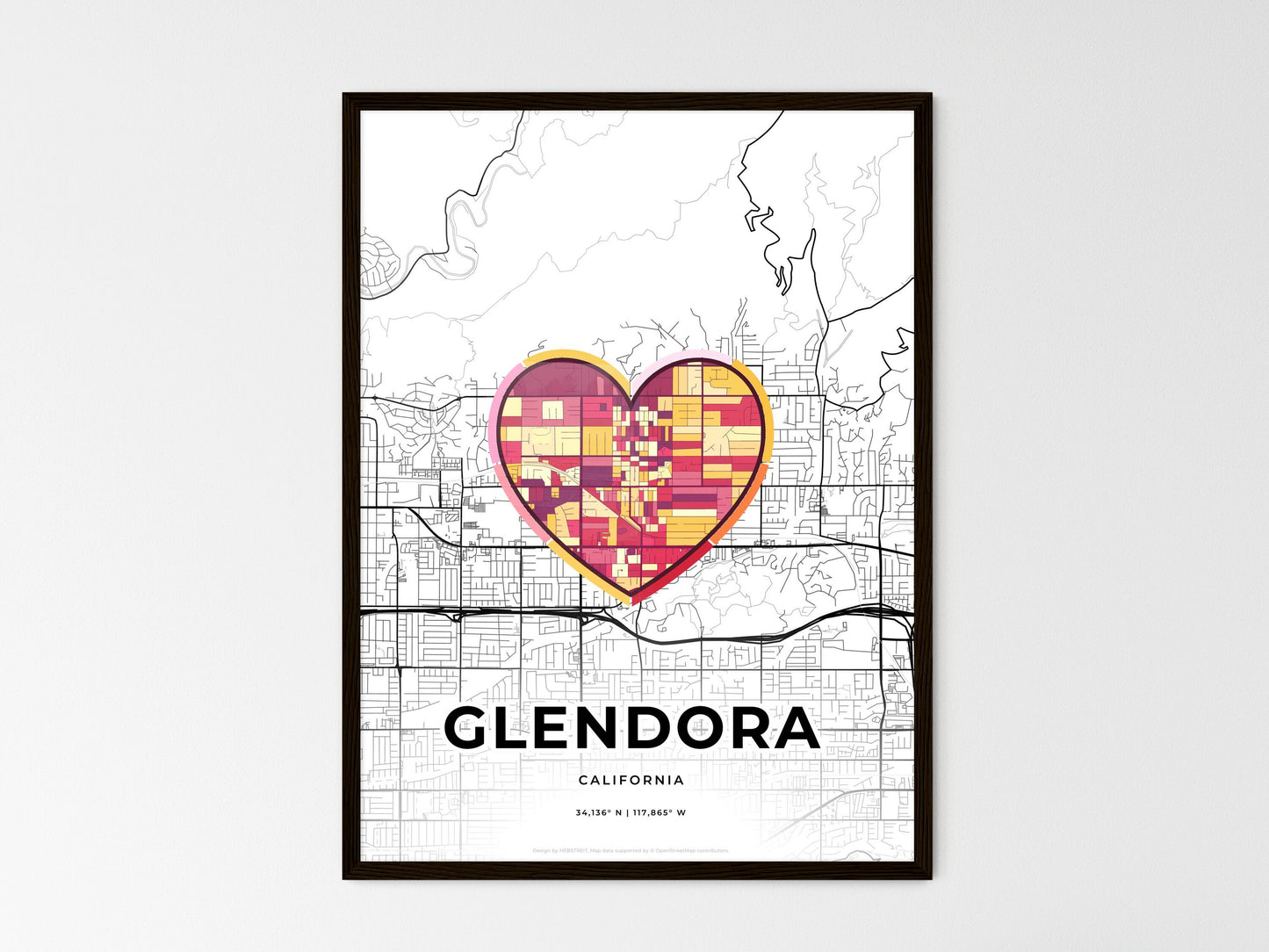 GLENDORA CALIFORNIA minimal art map with a colorful icon. Where it all began, Couple map gift. Style 2