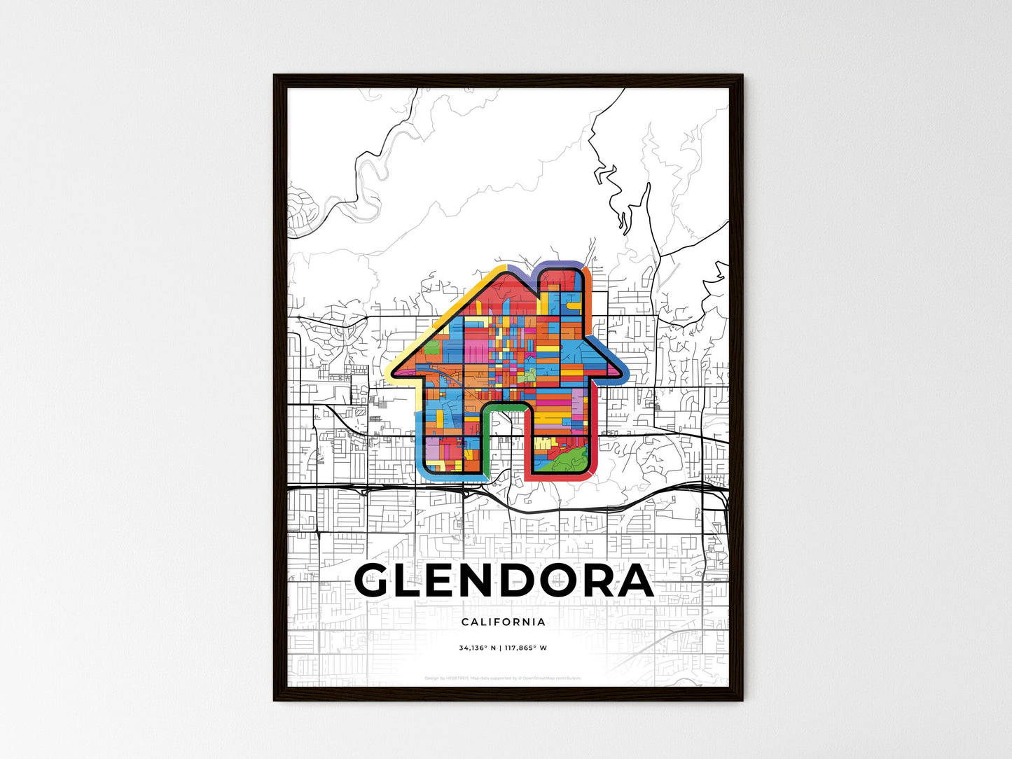 GLENDORA CALIFORNIA minimal art map with a colorful icon. Where it all began, Couple map gift. Style 3