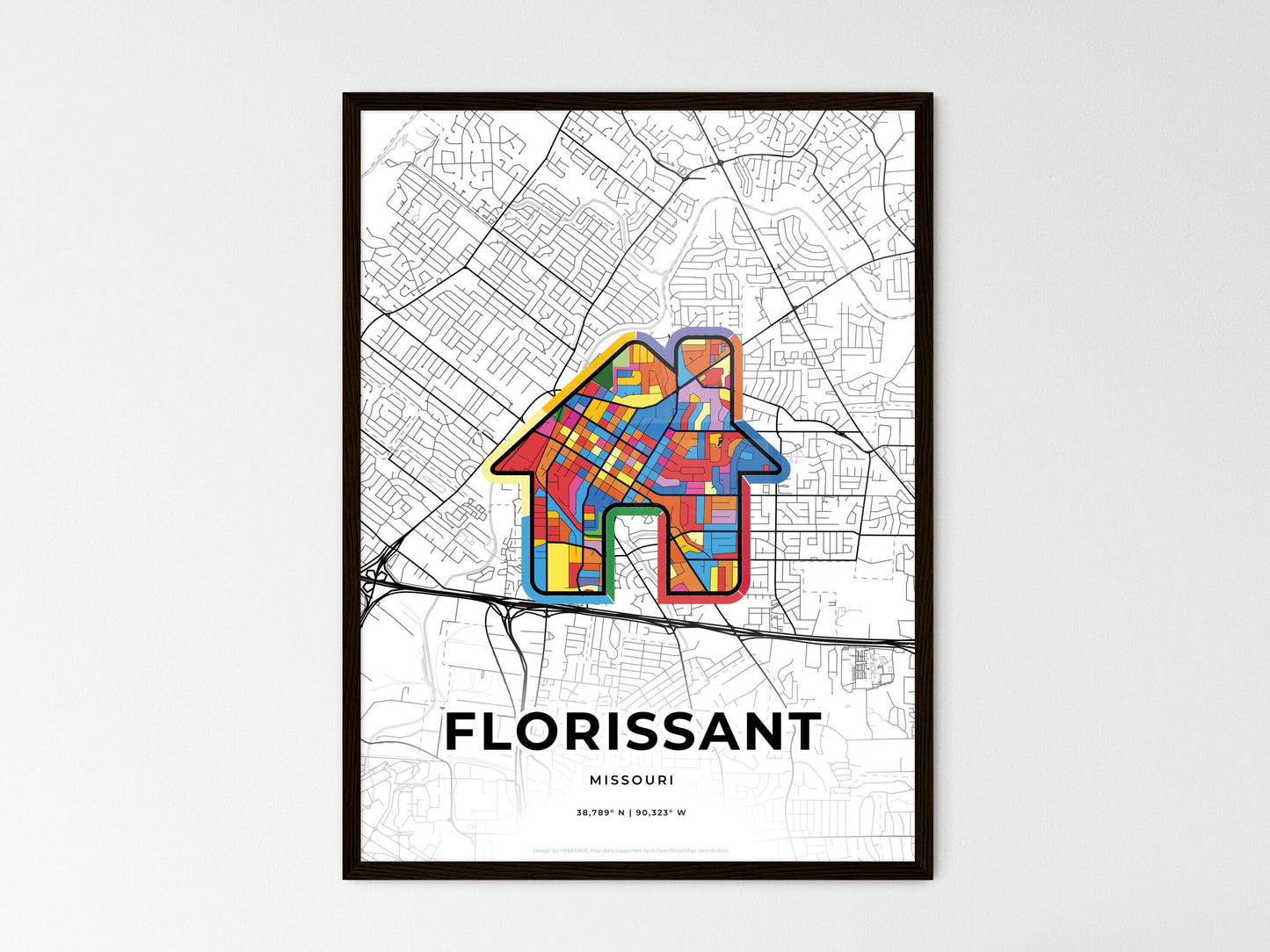 FLORISSANT MISSOURI minimal art map with a colorful icon. Where it all began, Couple map gift. Style 3