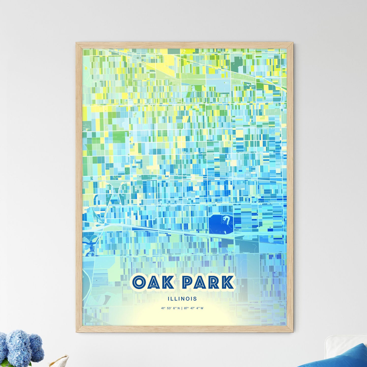 Colorful OAK PARK ILLINOIS Fine Art Map Cool Blue