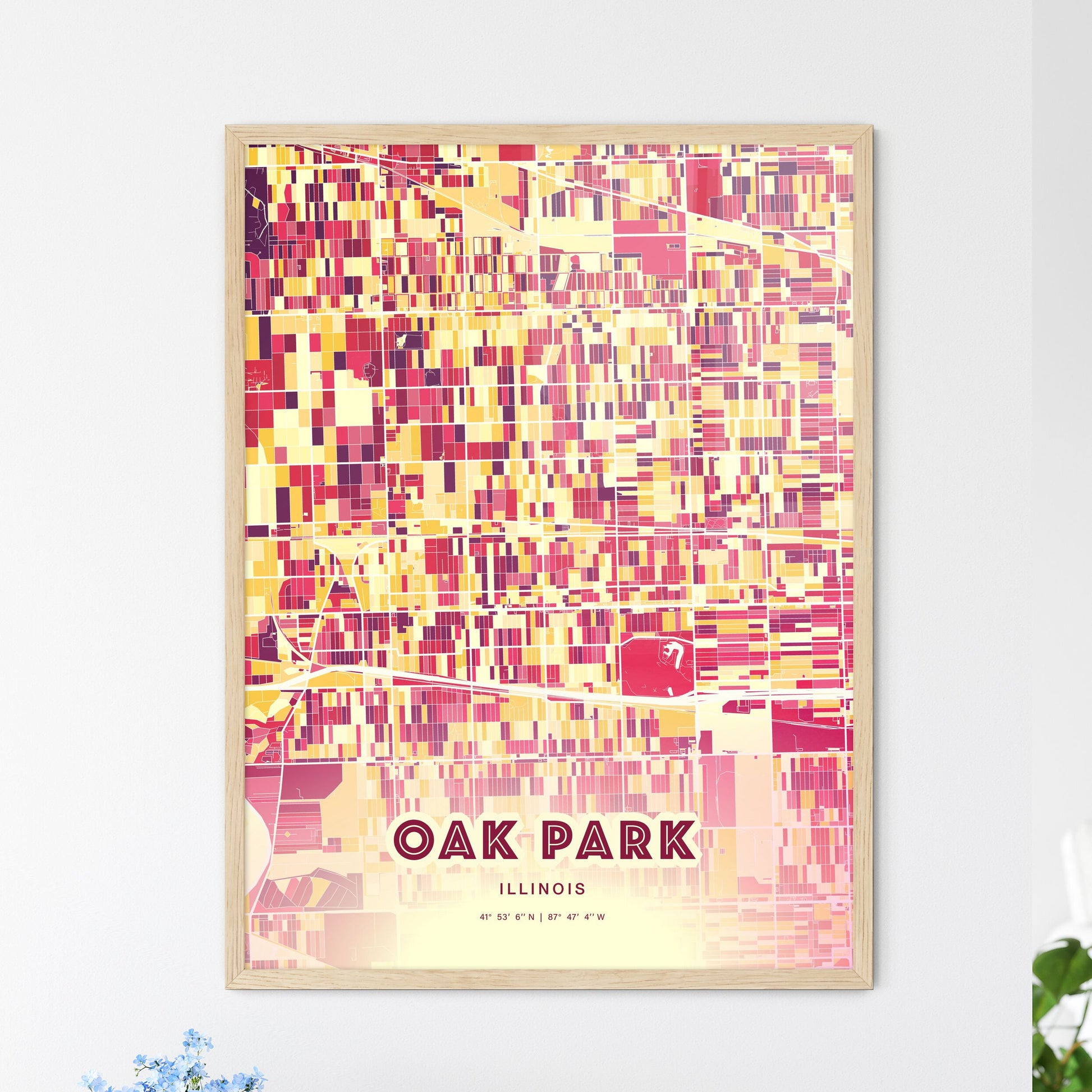 Colorful OAK PARK ILLINOIS Fine Art Map Hot Red