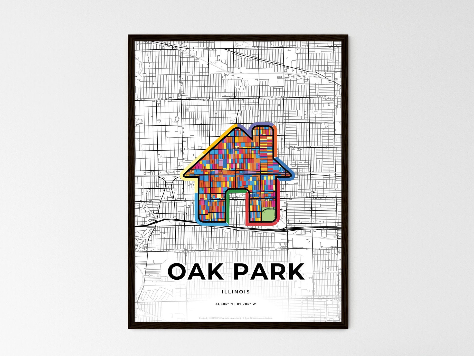OAK PARK ILLINOIS minimal art map with a colorful icon. Style 3