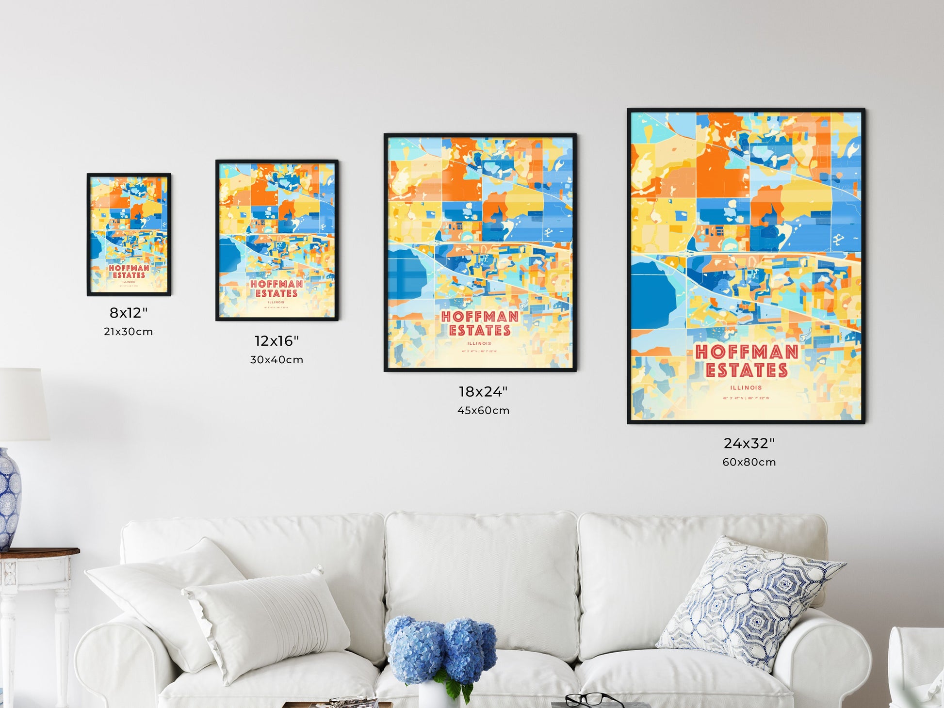 Colorful HOFFMAN ESTATES ILLINOIS Fine Art Map Blue Orange