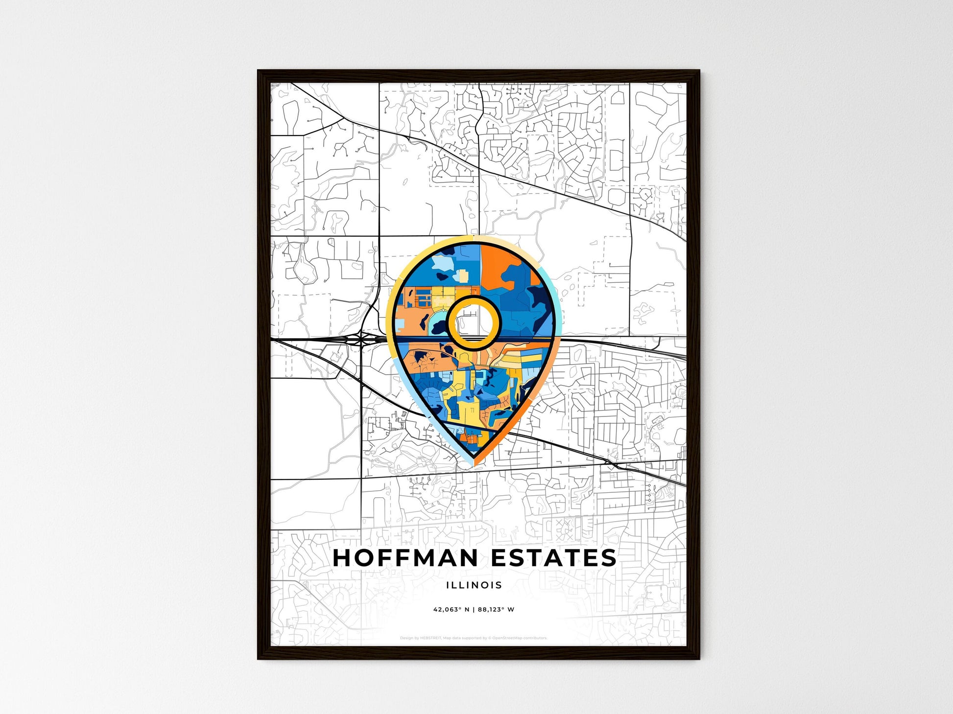 HOFFMAN ESTATES ILLINOIS minimal art map with a colorful icon. Where it all began, Couple map gift. Style 1