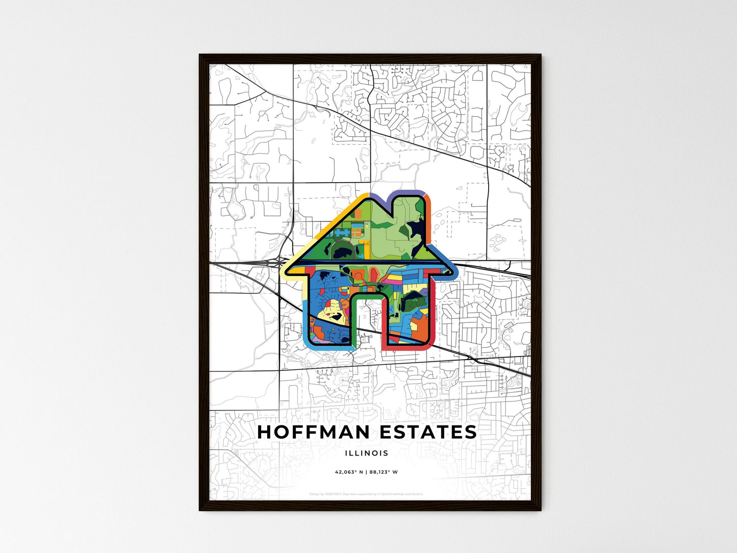 HOFFMAN ESTATES ILLINOIS minimal art map with a colorful icon. Where it all began, Couple map gift. Style 3