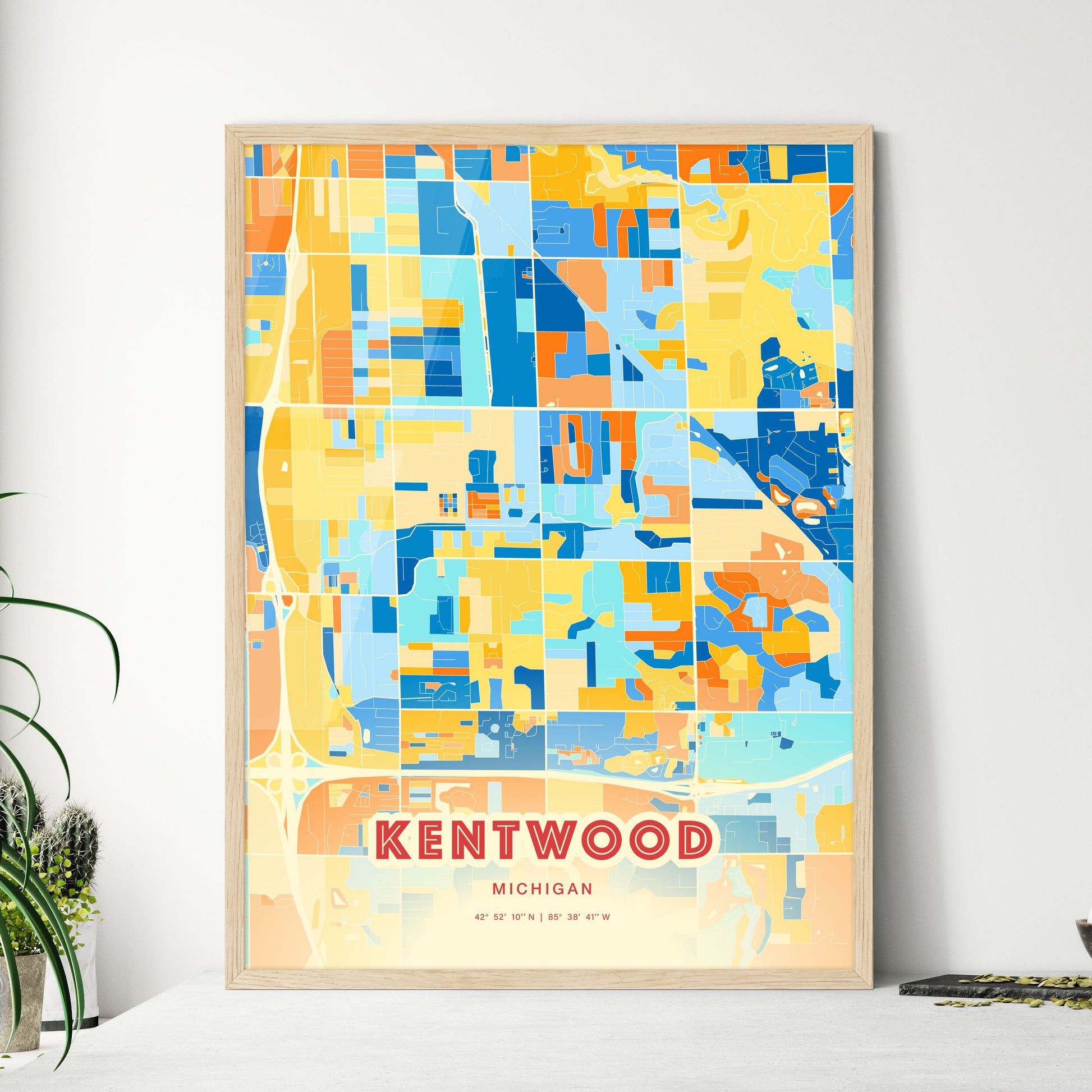 Colorful KENTWOOD MICHIGAN Fine Art Map Blue Orange