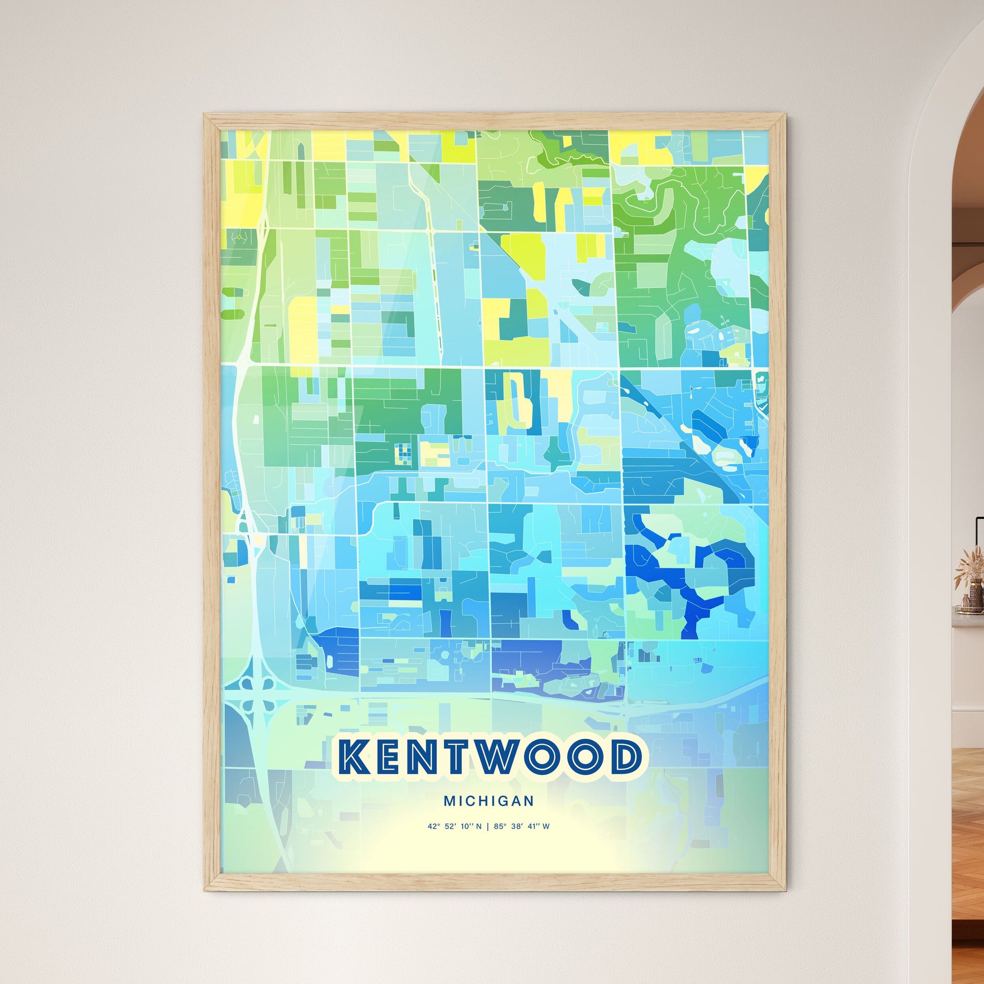 Colorful KENTWOOD MICHIGAN Fine Art Map Cool Blue