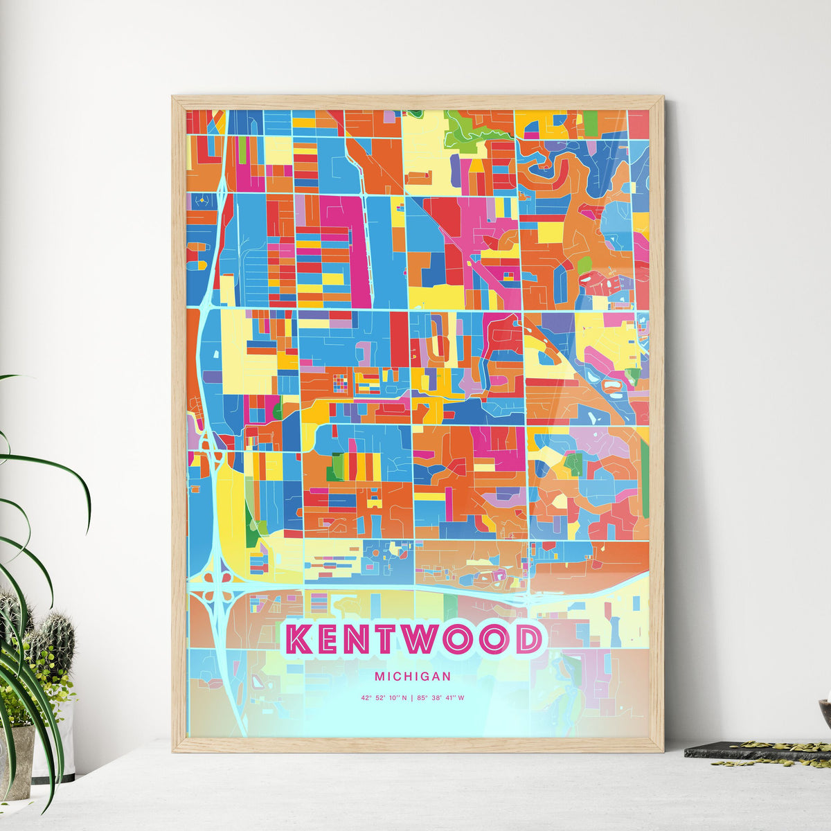 Colorful KENTWOOD MICHIGAN Fine Art Map Crazy Colors