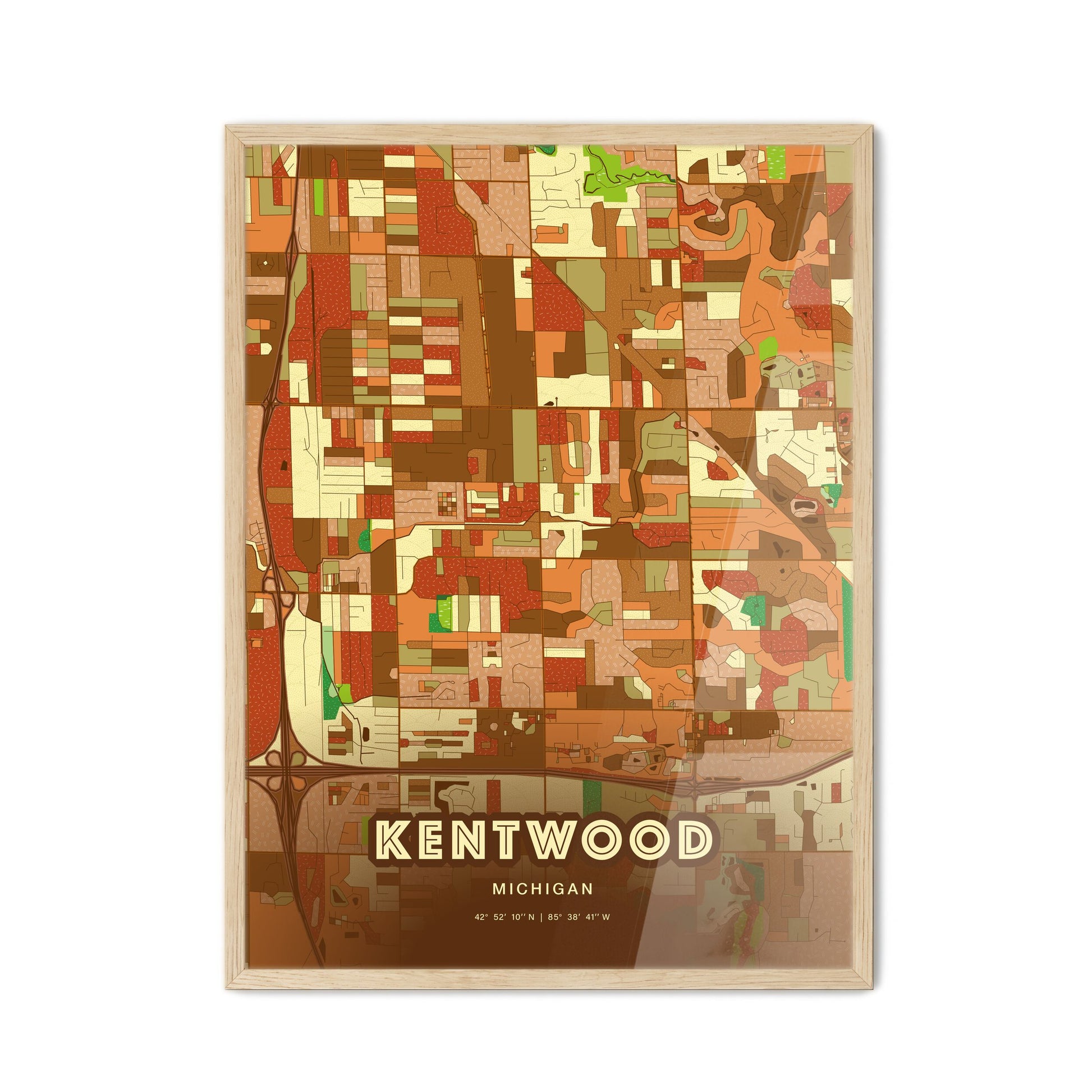 Colorful KENTWOOD MICHIGAN Fine Art Map Farmhouse