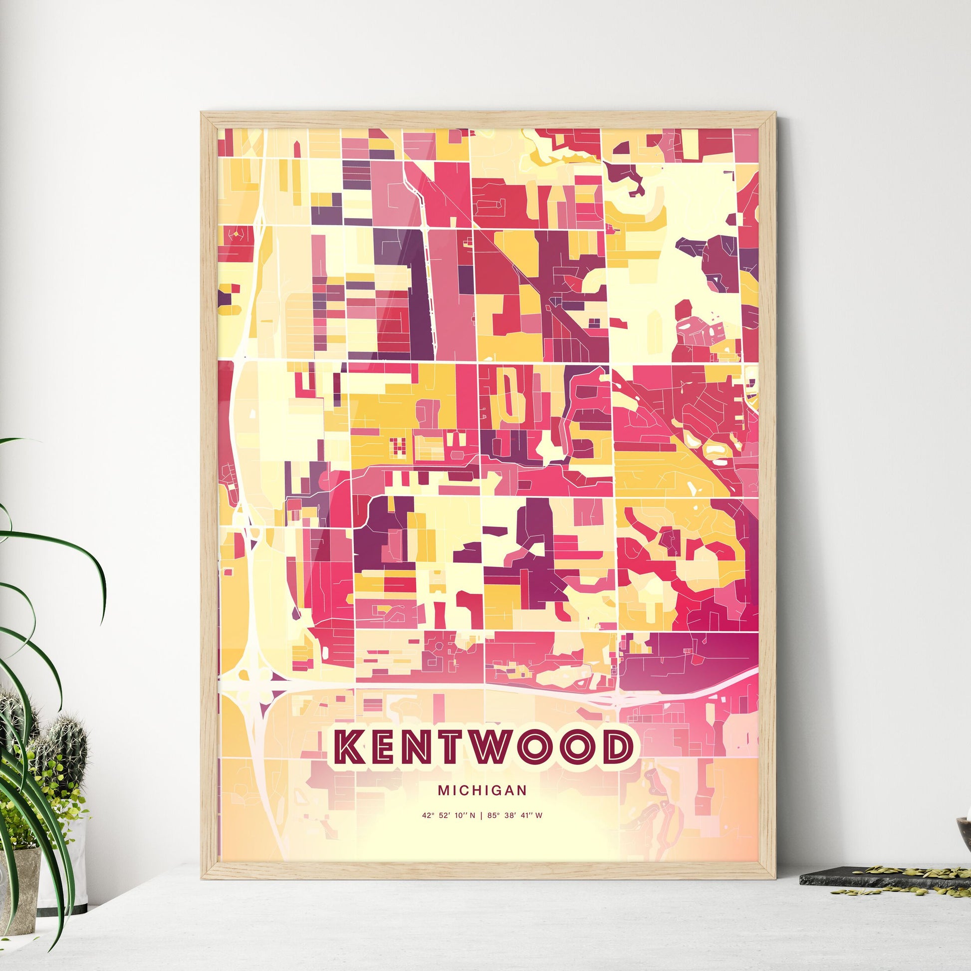 Colorful KENTWOOD MICHIGAN Fine Art Map Hot Red