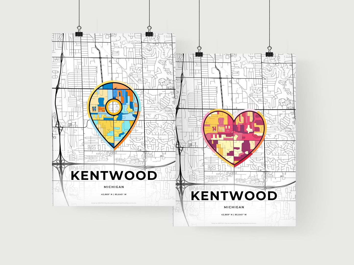 KENTWOOD MICHIGAN minimal art map with a colorful icon. Where it all began, Couple map gift.