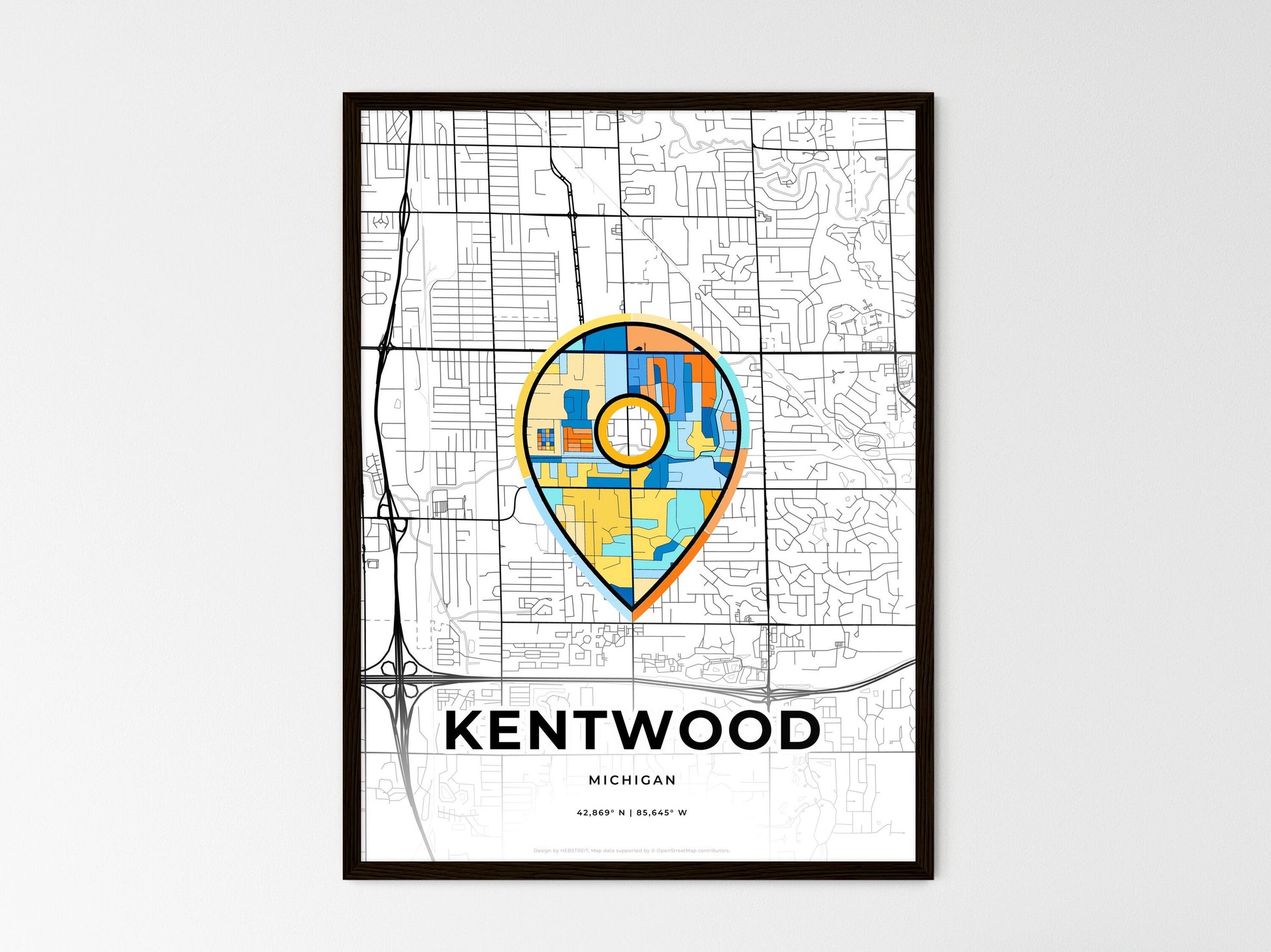 KENTWOOD MICHIGAN minimal art map with a colorful icon. Where it all began, Couple map gift. Style 1