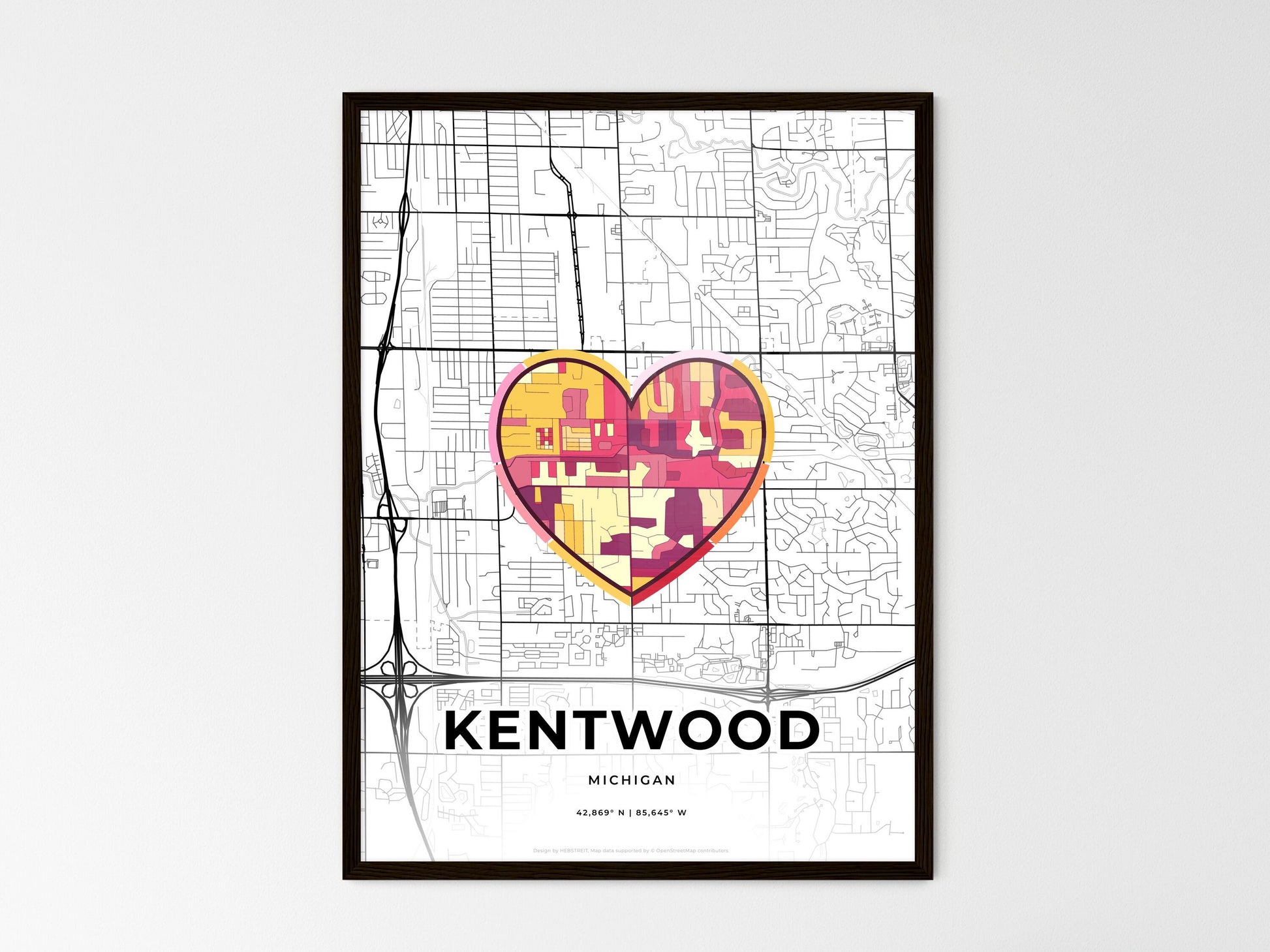 KENTWOOD MICHIGAN minimal art map with a colorful icon. Where it all began, Couple map gift. Style 2