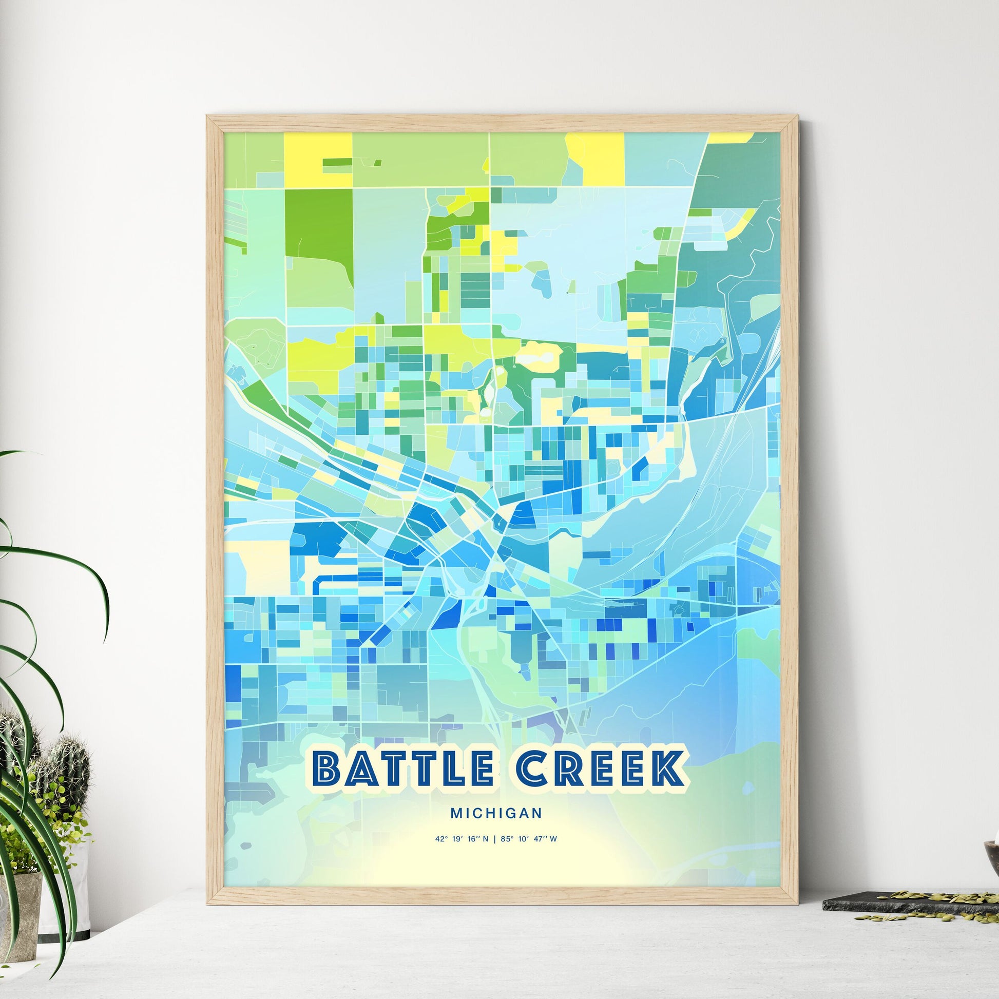 Colorful BATTLE CREEK MICHIGAN Fine Art Map Cool Blue