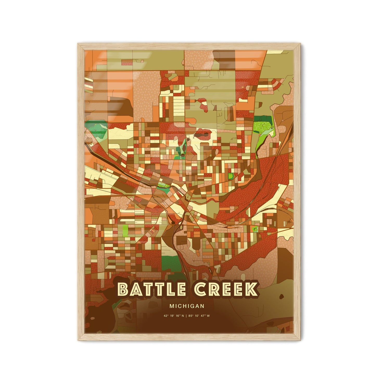 Colorful BATTLE CREEK MICHIGAN Fine Art Map Farmhouse