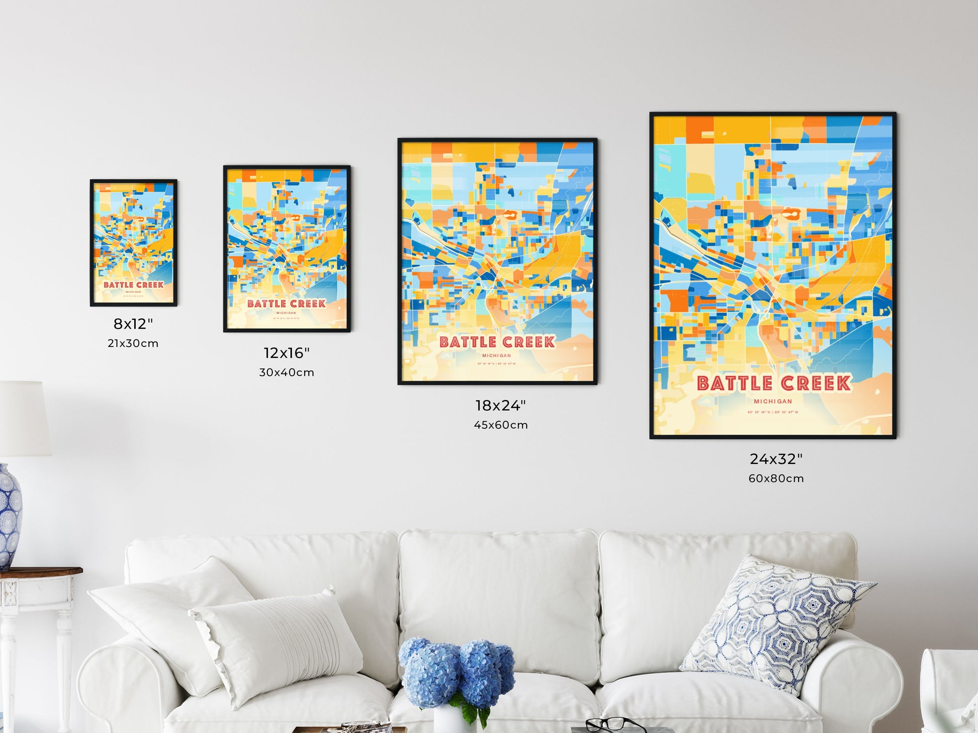 Colorful BATTLE CREEK MICHIGAN Fine Art Map Blue Orange