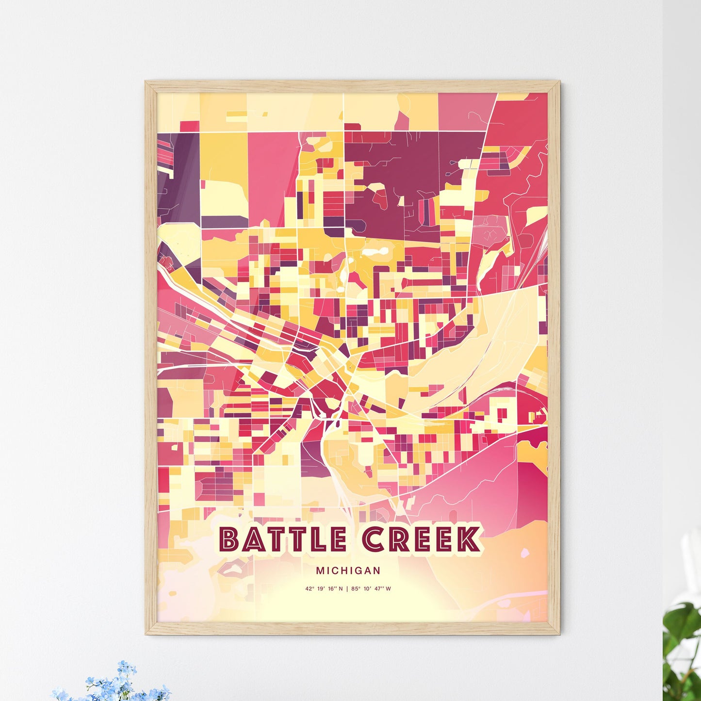 Colorful BATTLE CREEK MICHIGAN Fine Art Map Hot Red