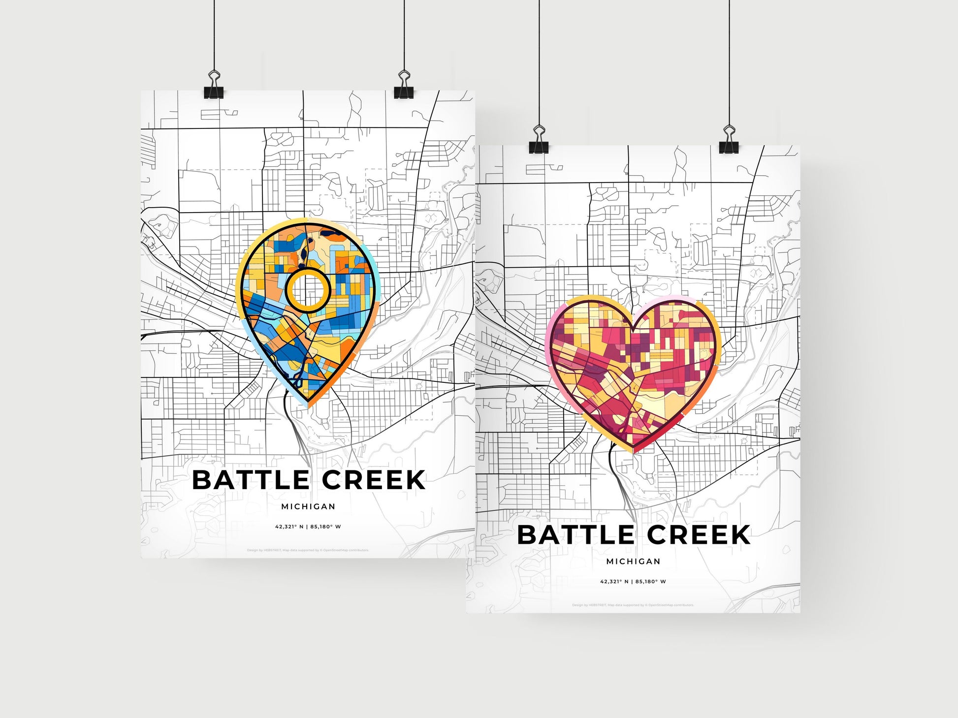 BATTLE CREEK MICHIGAN minimal art map with a colorful icon. Where it all began, Couple map gift.