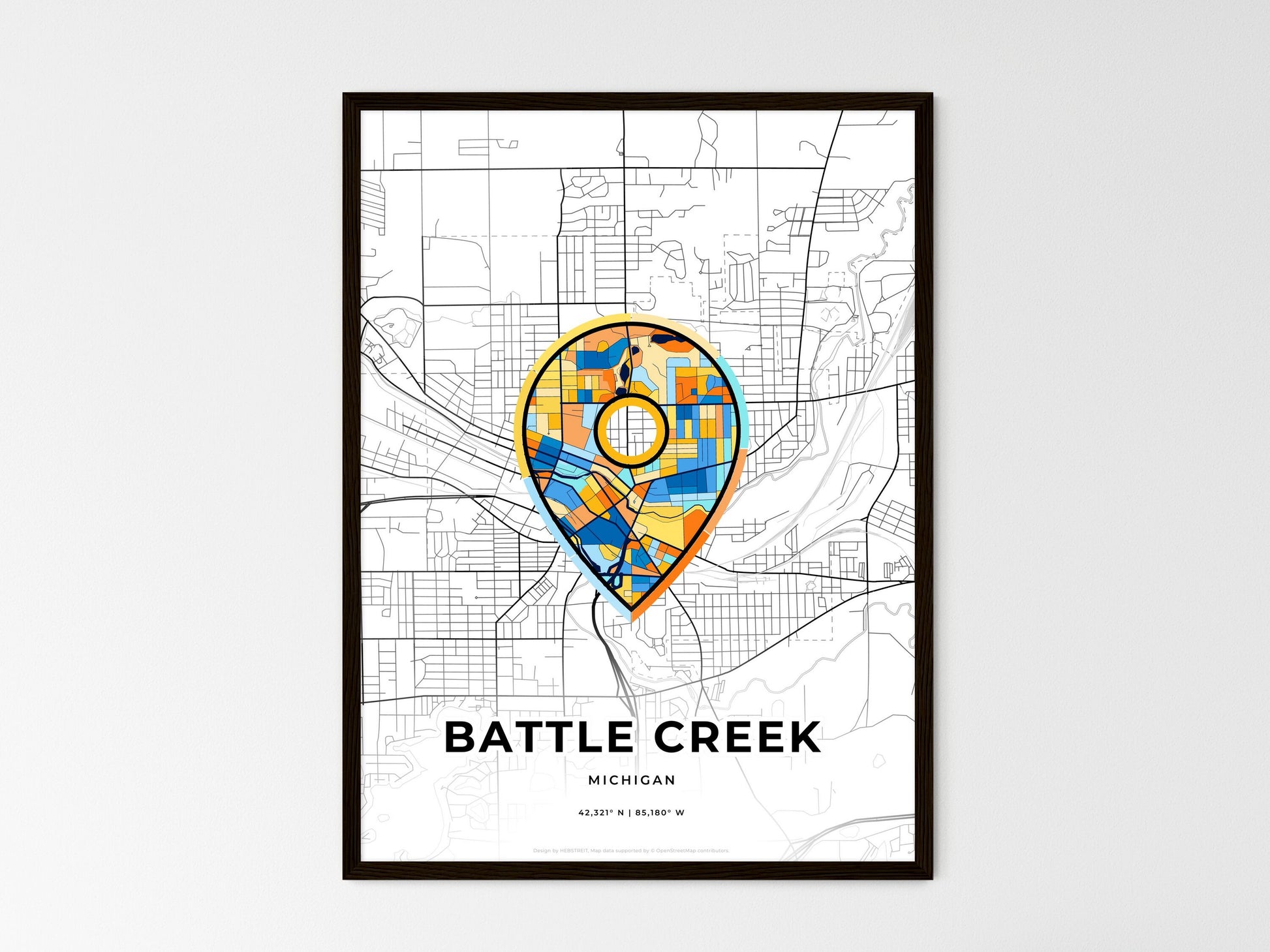 BATTLE CREEK MICHIGAN minimal art map with a colorful icon. Where it all began, Couple map gift. Style 1