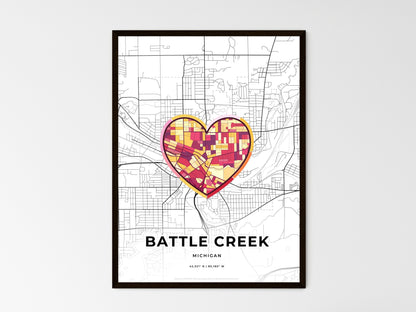 BATTLE CREEK MICHIGAN minimal art map with a colorful icon. Where it all began, Couple map gift. Style 2
