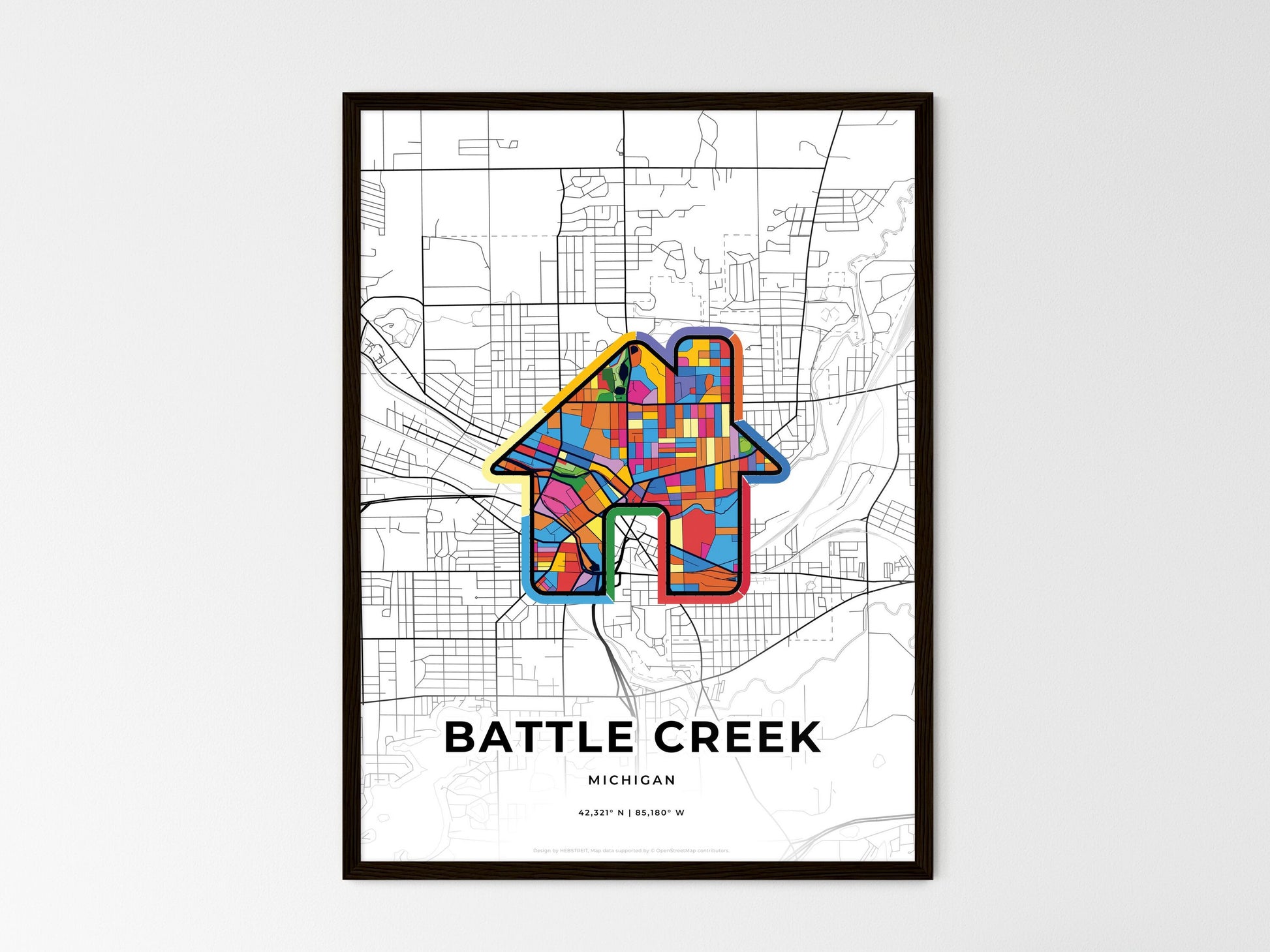 BATTLE CREEK MICHIGAN minimal art map with a colorful icon. Where it all began, Couple map gift. Style 3