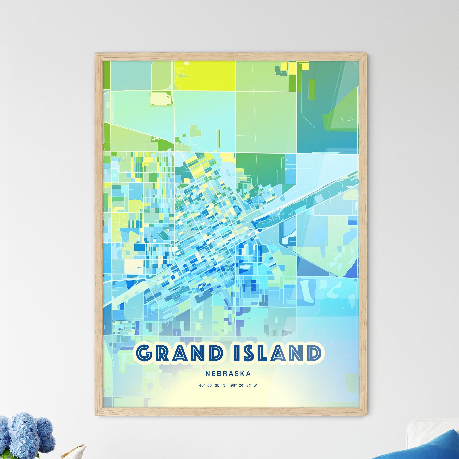 Colorful GRAND ISLAND NEBRASKA Fine Art Map Cool Blue