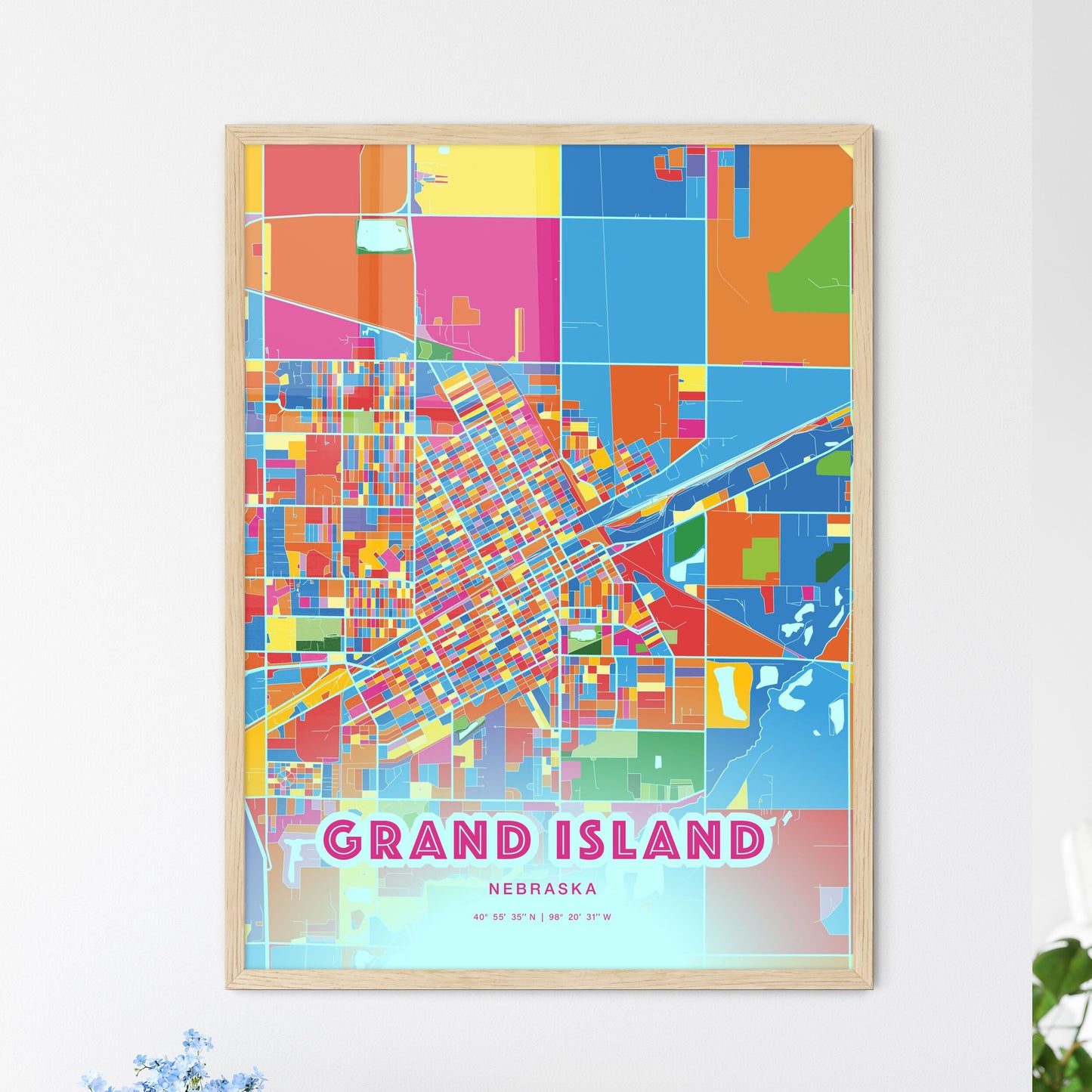 Colorful GRAND ISLAND NEBRASKA Fine Art Map Crazy Colors