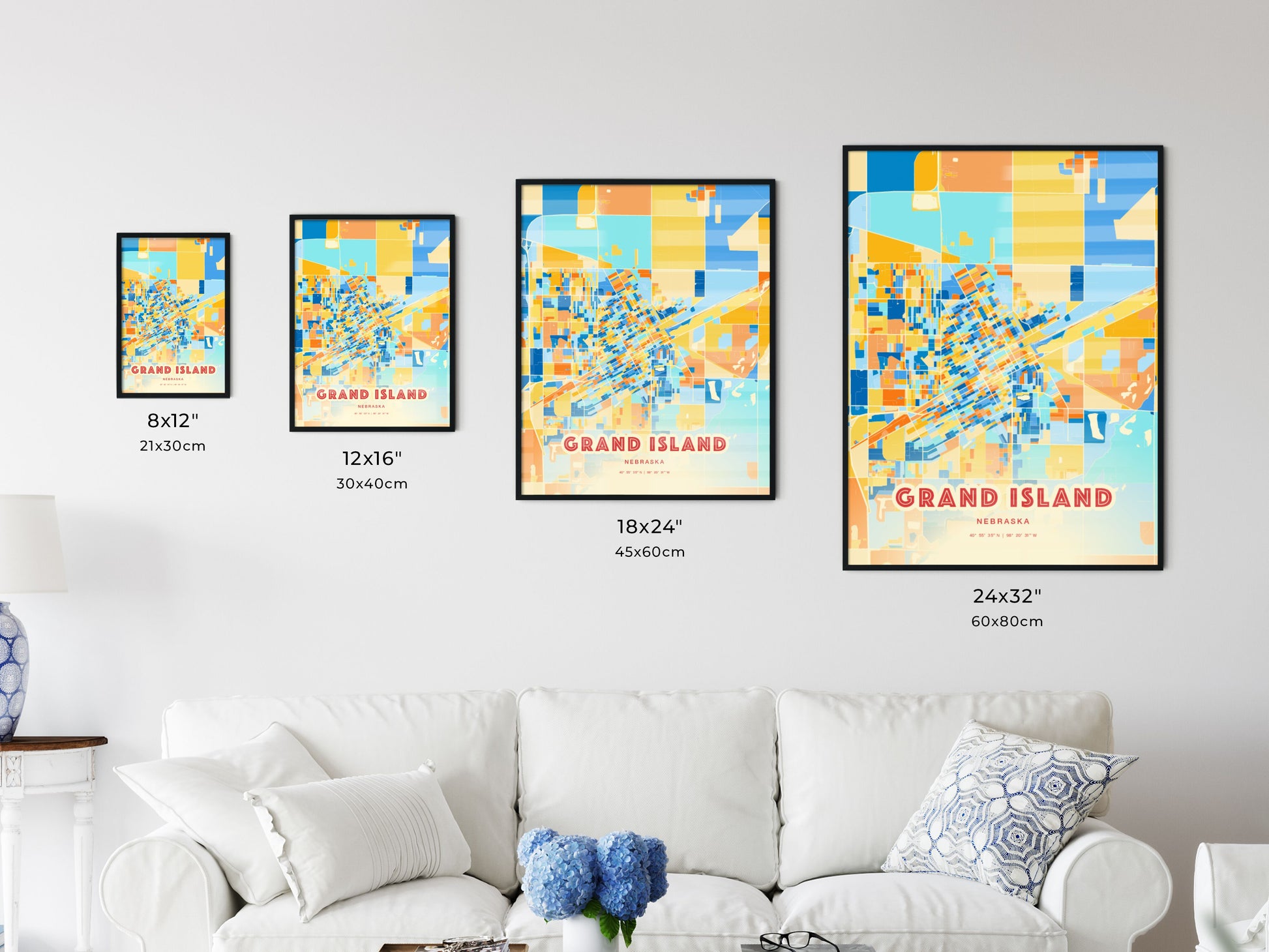 Colorful GRAND ISLAND NEBRASKA Fine Art Map Blue Orange